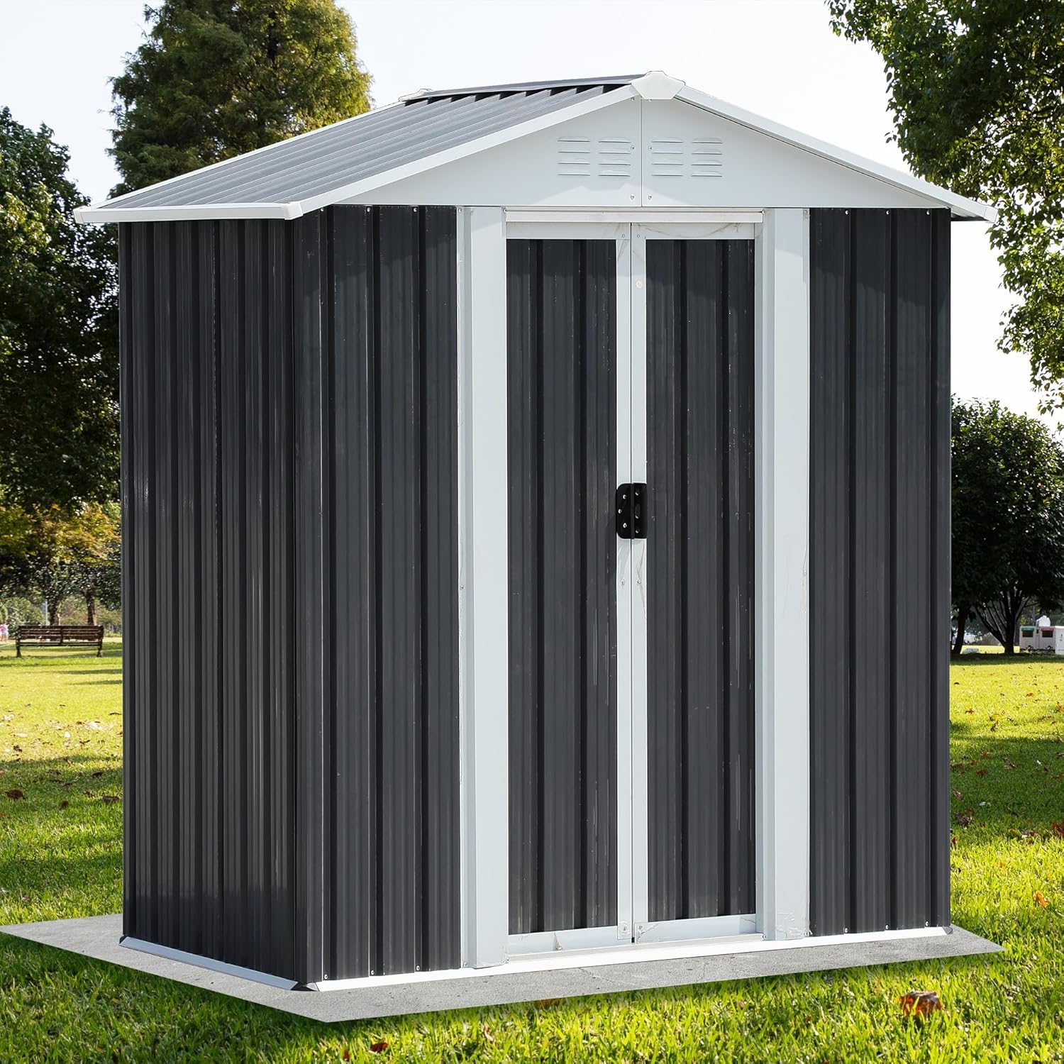 Outdoor Storage Shed, Compact Steel Tool Shed with Ventilation Windows, Outdoor Tool Bike Storage Garden Shed Tool House(Apex Roof,5x3 FT)