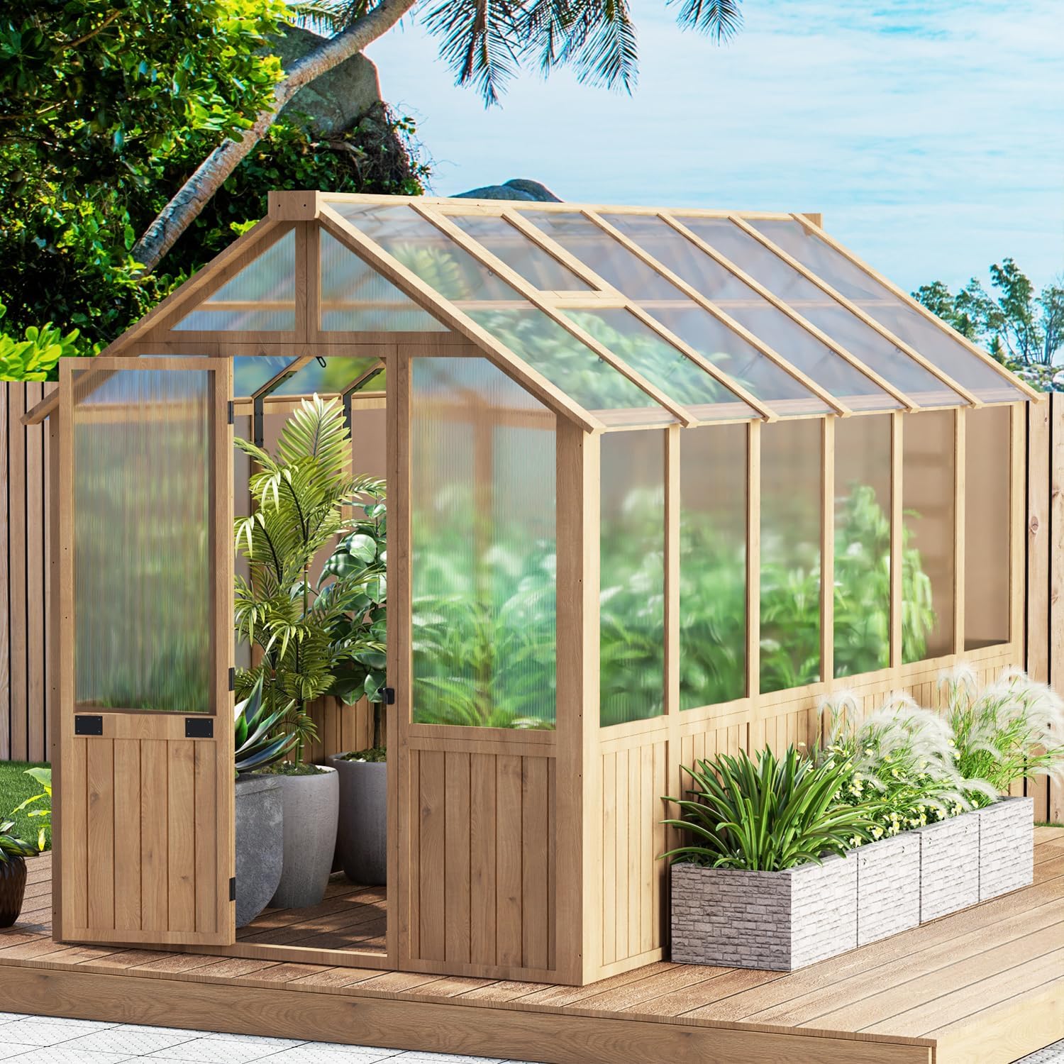 6x12FT Greenhouse ,Wooden Green House for Outdoors with Cedar Frame and Polycarbonate Panel, Walk-in Greenhouse with Adjustable Roof Vent for Patio, Garden Backyard