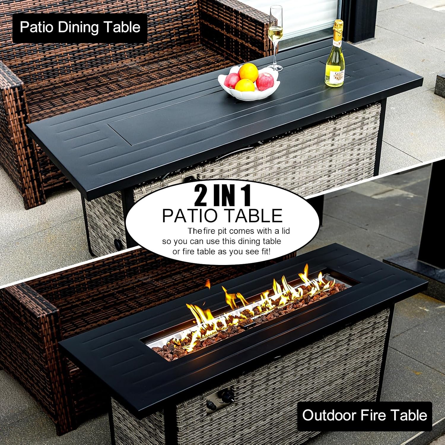 57 inch Propane fire Pit Table with Waterproof Cover & Ratten Side Panel, 50000 BTU Gas Firepit Table with Lid & Lava Rock, Outdoor Fire Pit for Dining or Party, Firepit for Outside, Patio