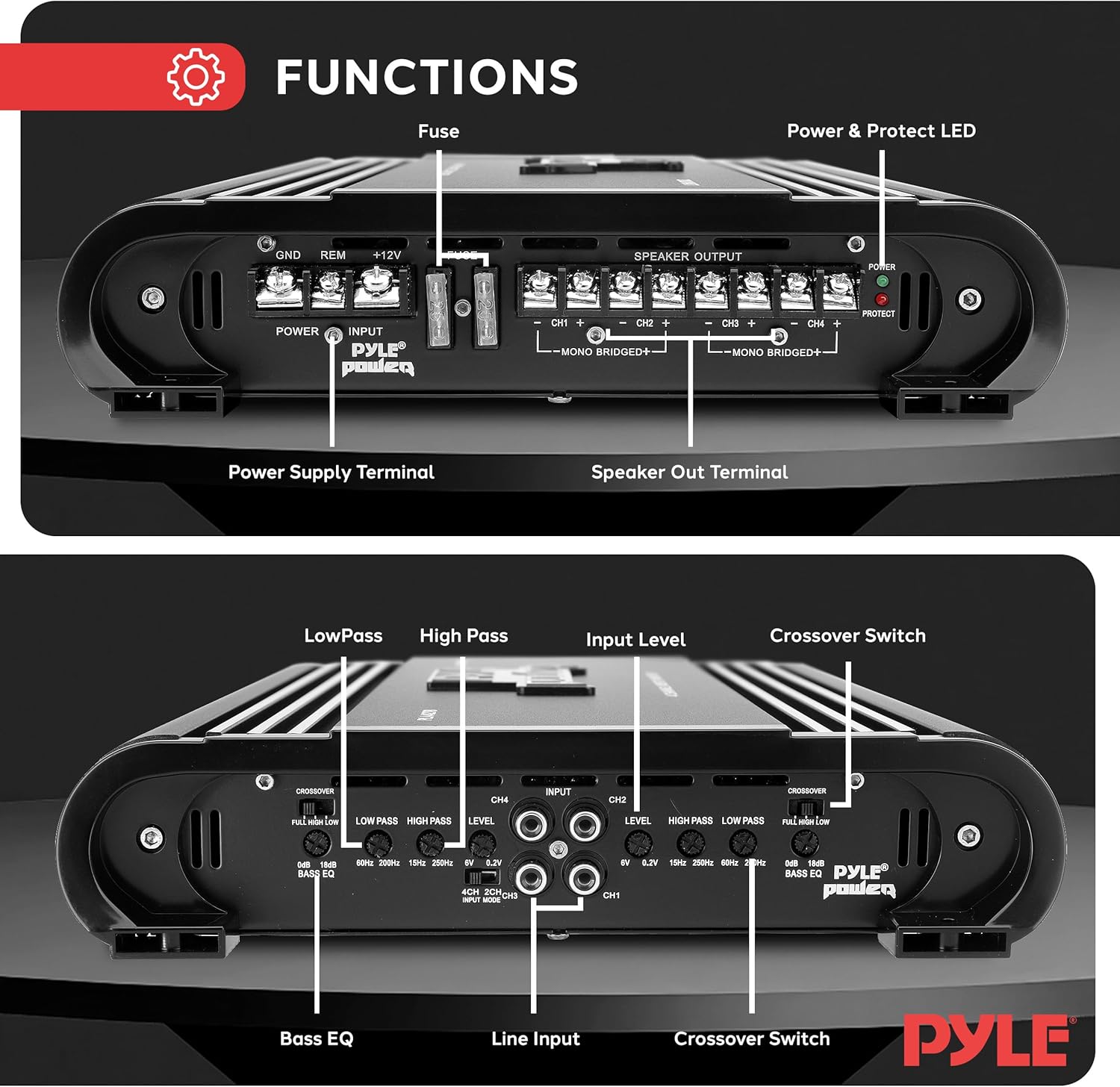 Pyle 2000W 4-Channel Car Stereo Amplifier - Bridgeable MOSFET Power - Bass Boost Control - Crossover - Silver-Plated RCA Inputs/Outputs - Thermal & Short Circuit Protection - Compact Design - PLA4278