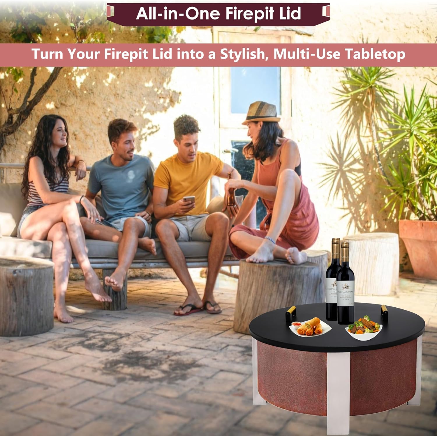35” Round Fire Pit Lid – Heat Resistant Fire Pit Cover Lid Round for Outdoor Fireplace -16 Gauge Steel Flat Fire Pit Burner Pan Cover with Dual Wooden Handles Snuffer Lid for Patio FirePit Ring