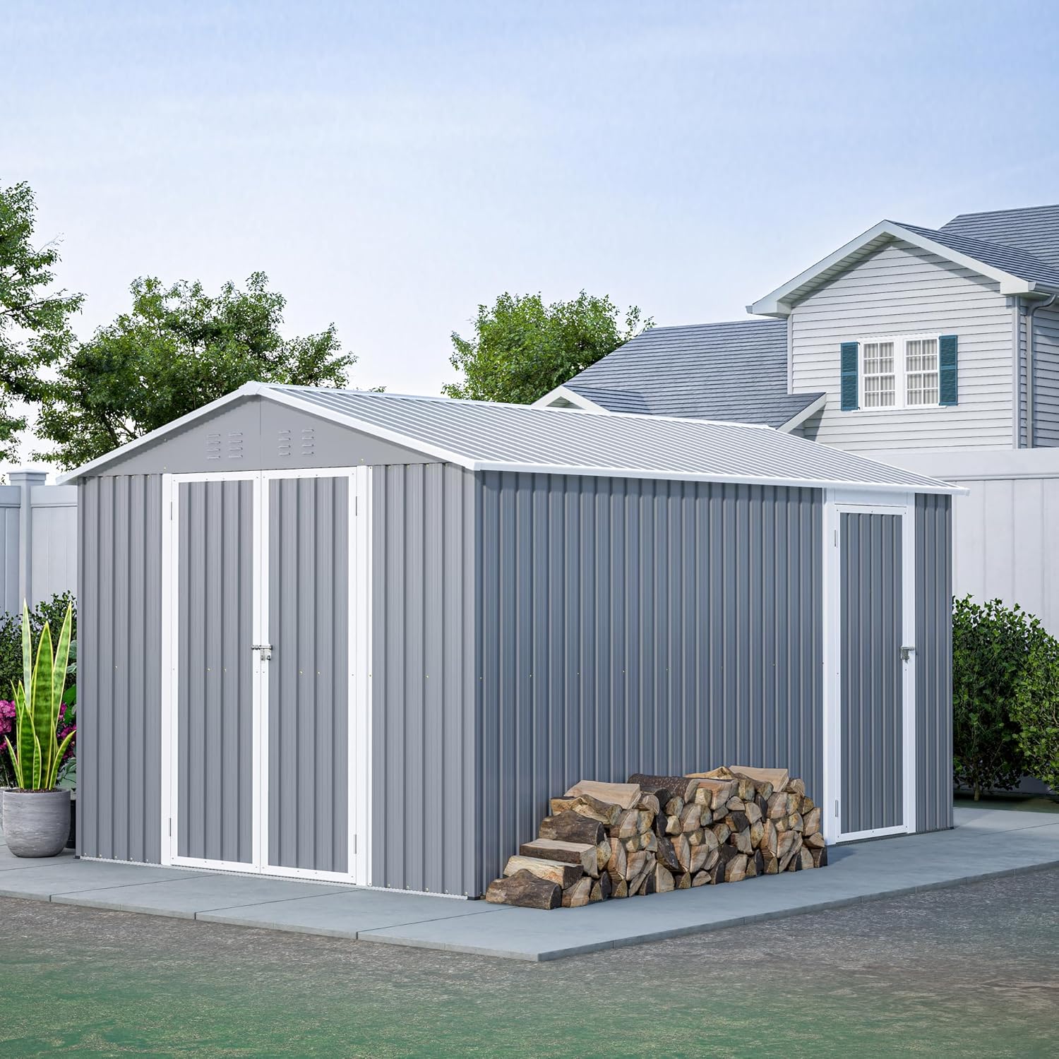 8 x 12 FT Metal Outdoor Storage Shed, Steel Utility Tool House with Door & Lock, Storage for Backyard Garden Patio Lawn, Grey (2 Door)