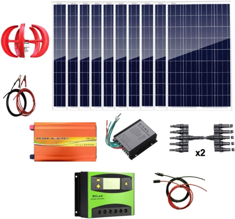 1.4Kw Wind Solar Power: 400W Wind Turbine Generator & 10pcs 100W Poly Solar Panels & 3000W 24V Off Grid Inverter & Cable Connector Home Boat RV