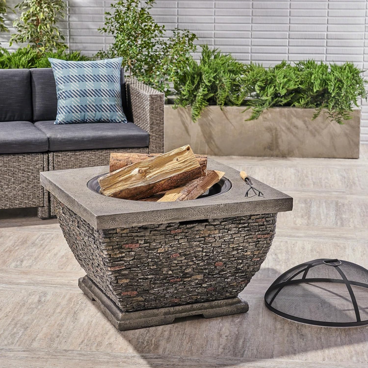 Penau 32 Inch Lightweight Square Fire Pit - Durable MgO Construction, Handcrafted Details, Grey Finish, No Assembly Required - Ideal for Patio Gatherings