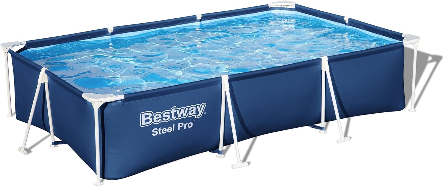 Bestway Steel Pro 9 Feet 10 Inch x 6 Feet 7 Inch x 26 Inch Rectangle Above Ground 872 Gallon Pool Set with DuraPlus Liner and FrameLink System