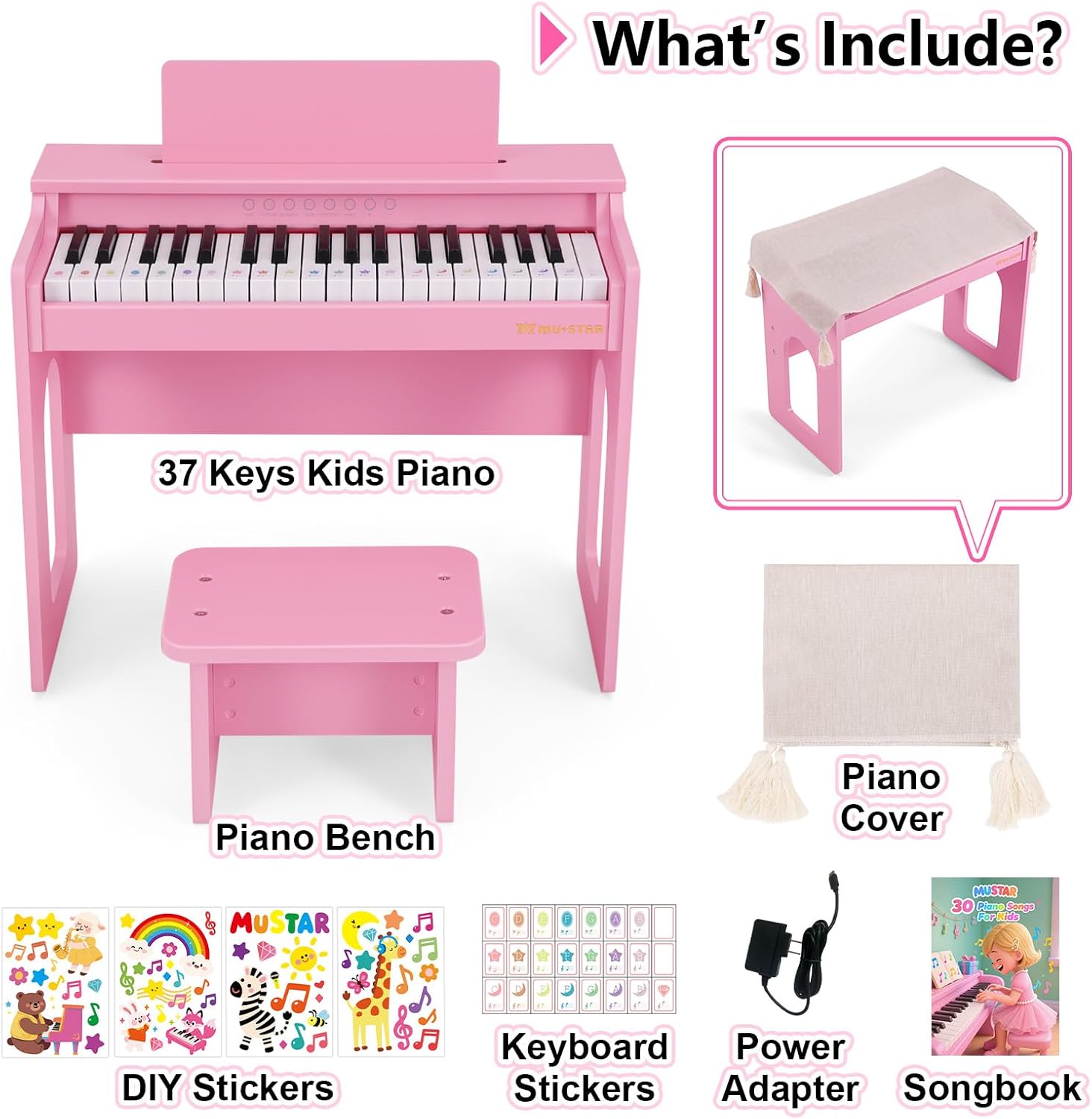 Kids Piano Keyboard, 37 Keys Wooden Digital Piano for Kids with Bench,Song Book, DIY Stickers, Cover, Education Creative Musical Instruments Toy for Boys & Grils Gifts