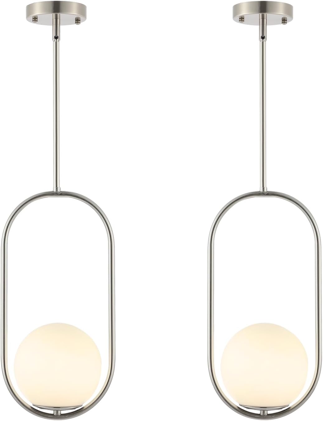 Modern Globe Pendant Light Brushed Nickel Chandelier 1-Light Mid Century Ceiling Hanging Lighting Fixture White Globe Glass Shades for Kitchen Island Dining Room Bedroom (2 Pack)