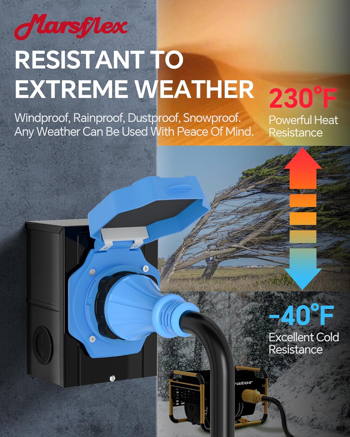 Marsflex 50 Amp Generator Cord and Power Inlet Box, 25FT 50 Amp Generator Cord, NEMA 14-50P / SS2-50R, for 125/250 Volt 12500 Watts, Weatherproof Outdoor Use with LED Power Indicator, ETL Listed