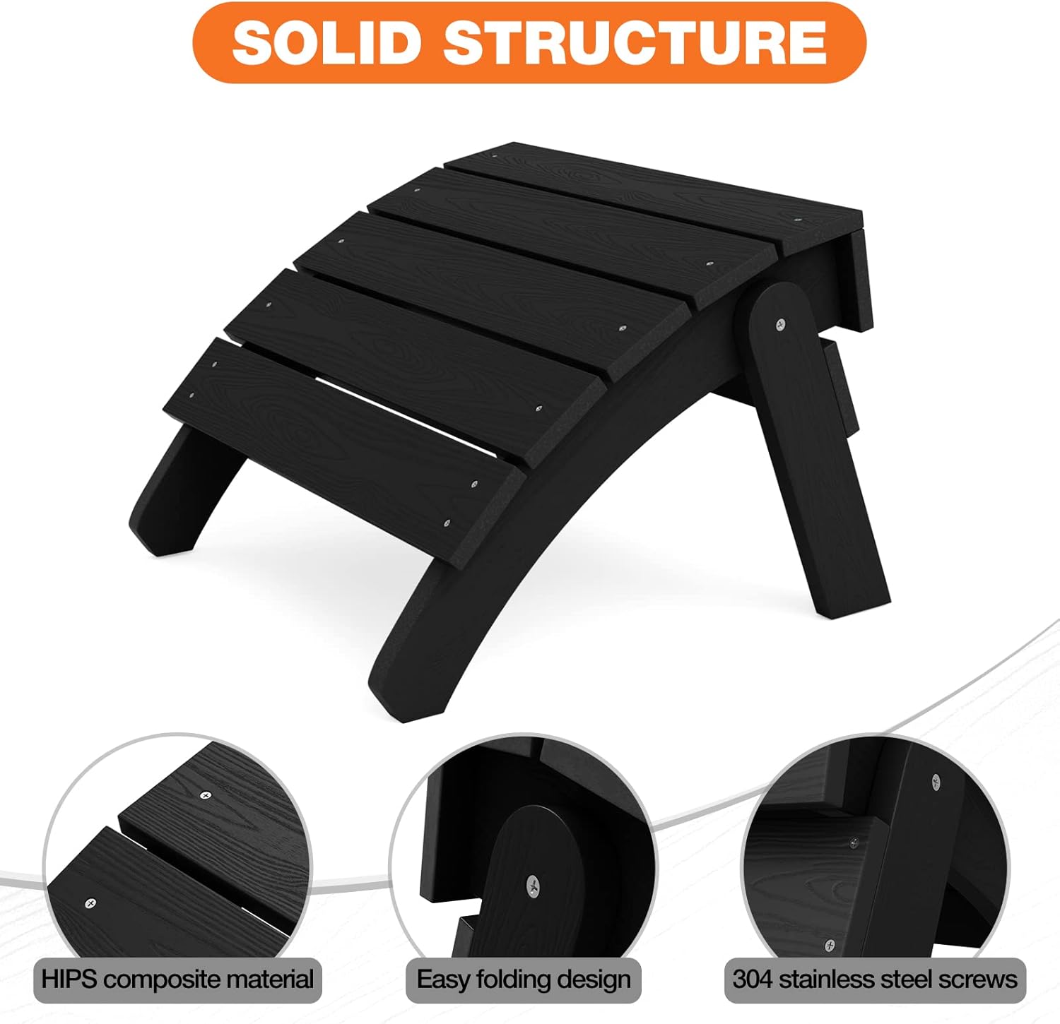 YEFU Adirondack Ottoman Set of 4, Adirondack Foot Rest, Patio Foot Rest, Folding Adirondack Footstool, Weather Resistant for Adirondack Chair, Widely Used for Outdoor, Porch, Backyard, Fire Pits-Black