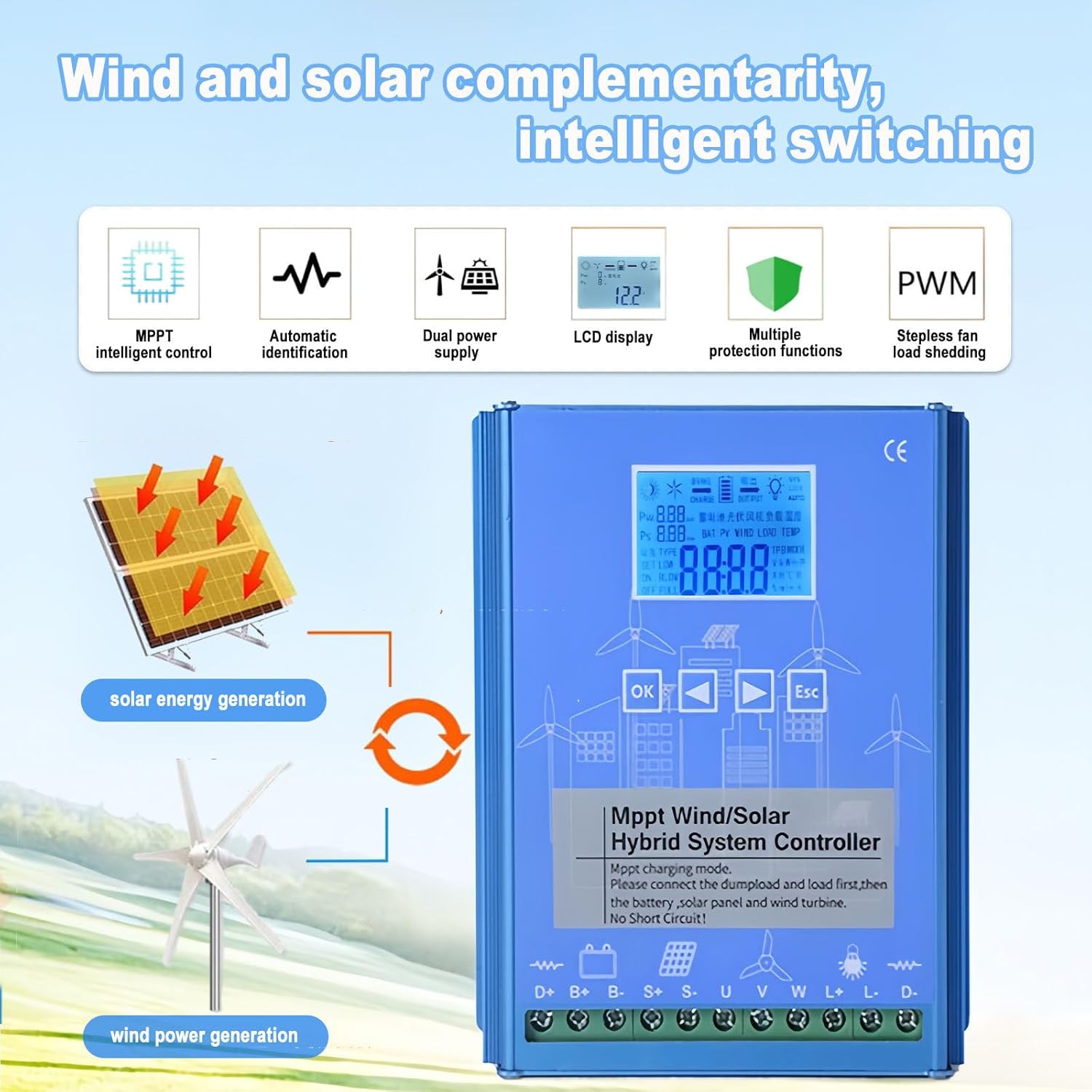 13000w Mppt Solar Wind Hybrid Charge Controller 6500w Solar and 6500w Wind Power Hybrid Charge Controller 12v/24v for Battery Booster System (12v/24v/48v) 48V-13000W