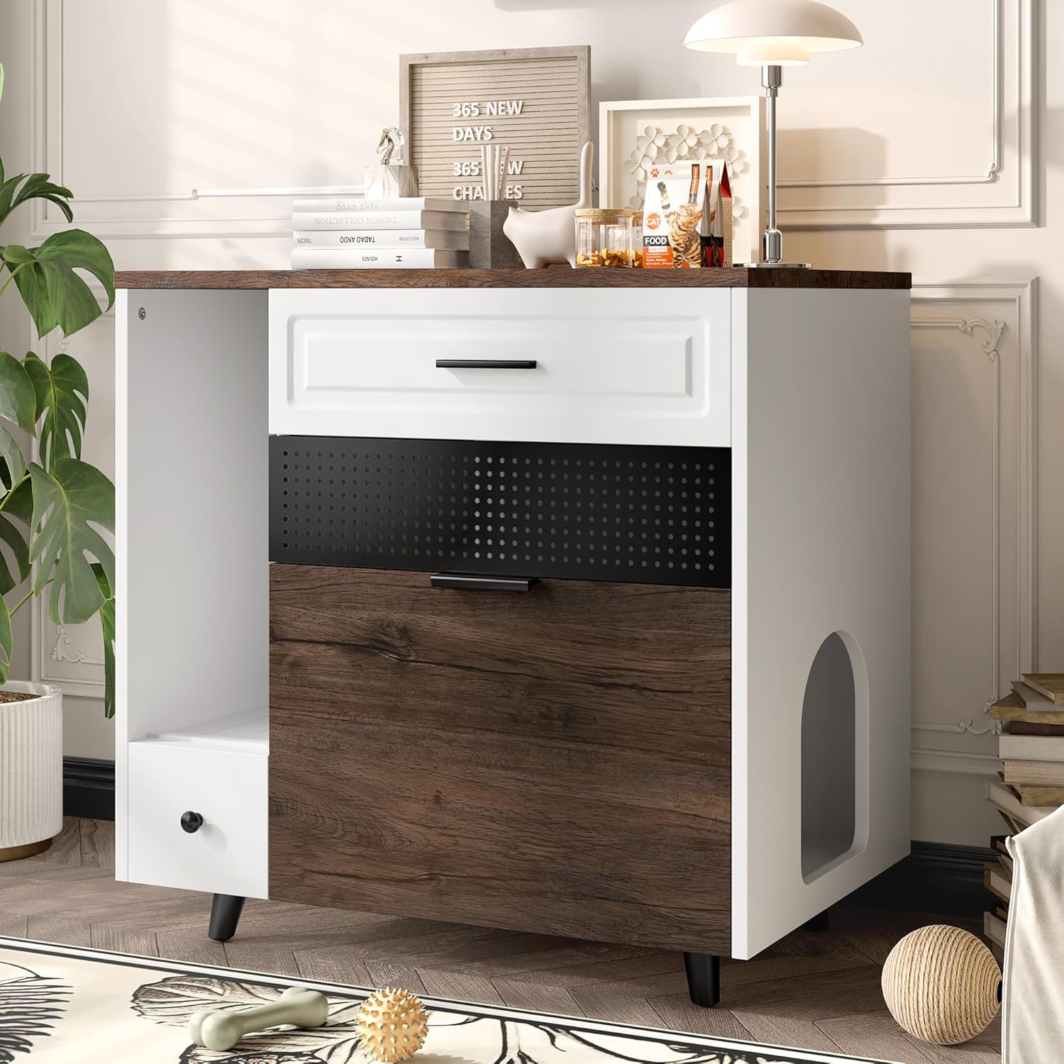 Cat Litter Box Enclosure End Table, Multifunctional Wooden Cat House Furniture with Storage Drawers, Hidden Litter Box Cabinet That Works as Side Table or Coffee Table, Odor Reducing Ventilated Design