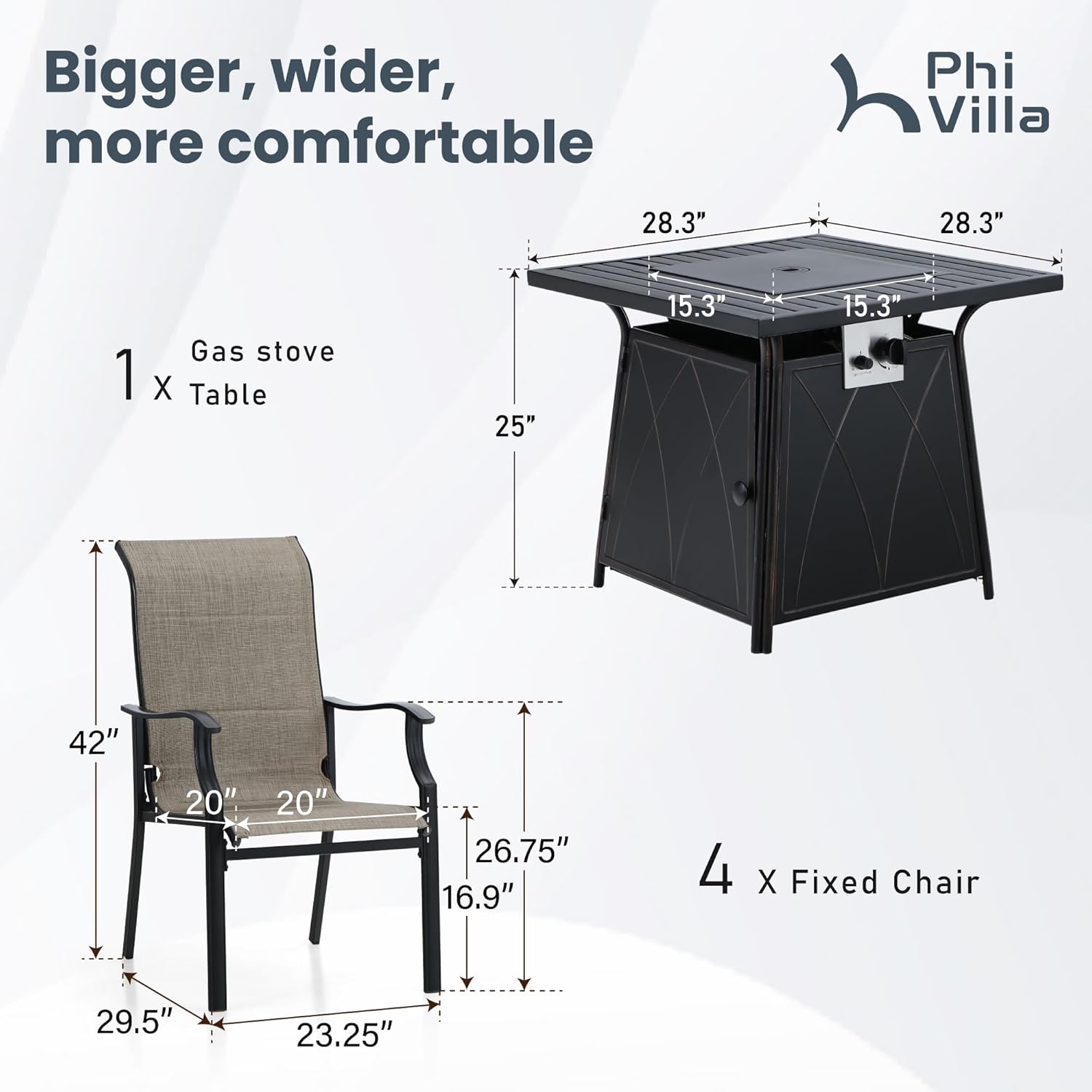 PHI VILLA 28” Gas Fire Pit Table with 4 Patio Sling Chairs, 5 Piece Propane Fire Pit Set with 5Kg Fire Glass, Outdoor Conversation Set for Yard, Patio