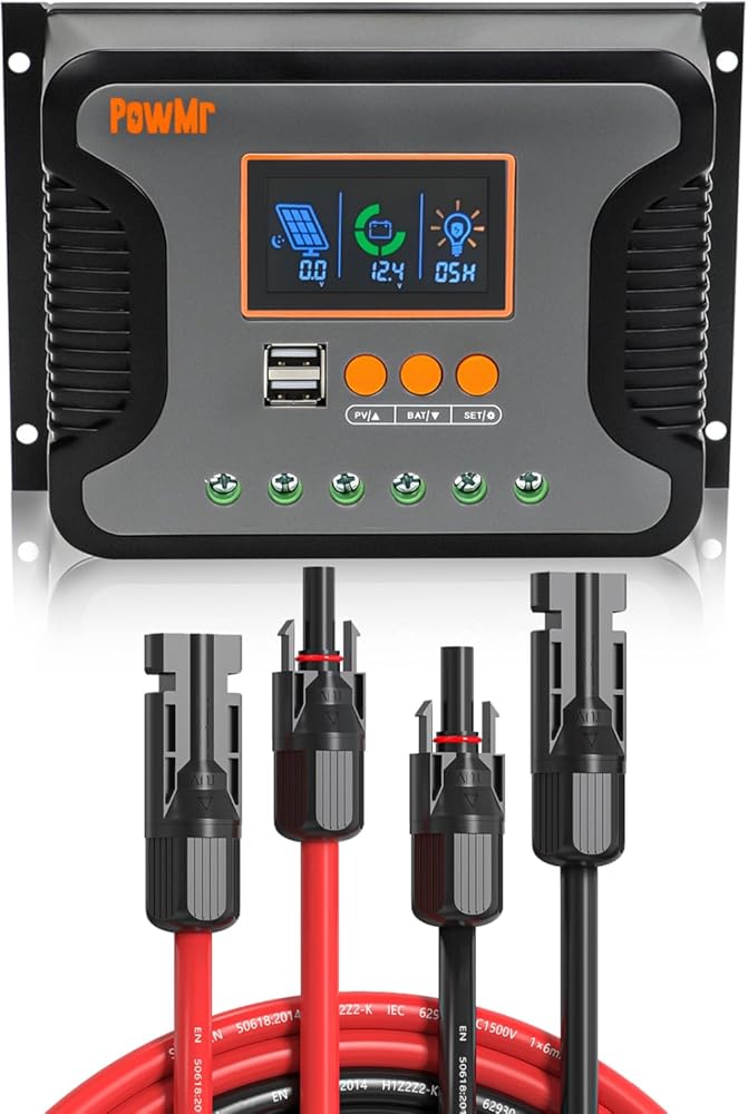60A Solar Charge Controller 12V 24V 36V 48V Auto, Solar Panel Charge Regulator & 40 Feet Solar Cable 10AWG
