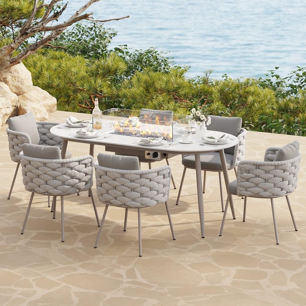 7-Piece Outdoor Dining Set with Oval Propane Fire Pit Table & Rope Woven Armchairs, Aluminum Frame, Cushions for Patio and Outdoor Dining