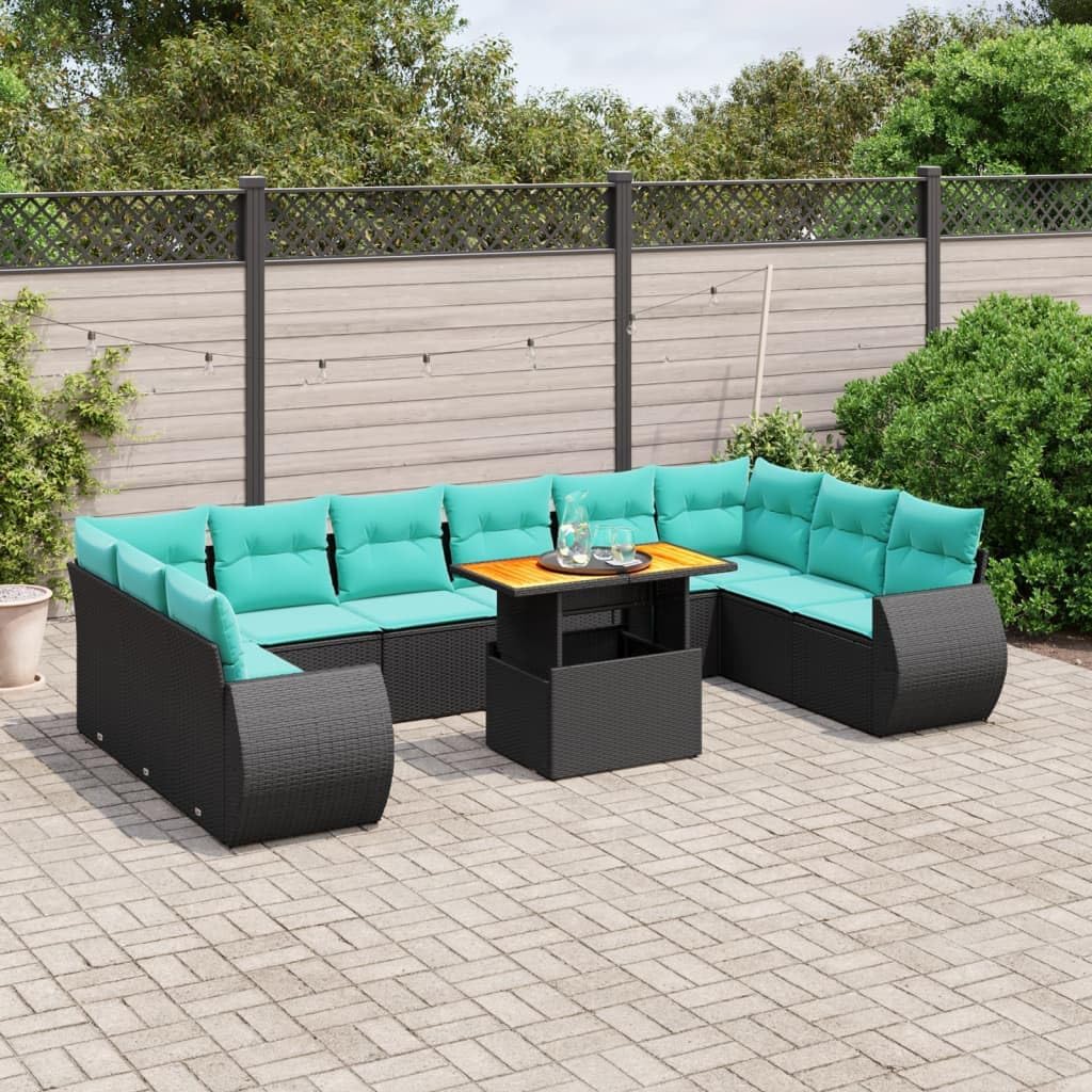 11 Piece Patio Sofa Set with Cushions, Black Poly Rattan Outdoor Furniture, Adjustable Dining Table, UV-Proof, Balcony Garden Lounge