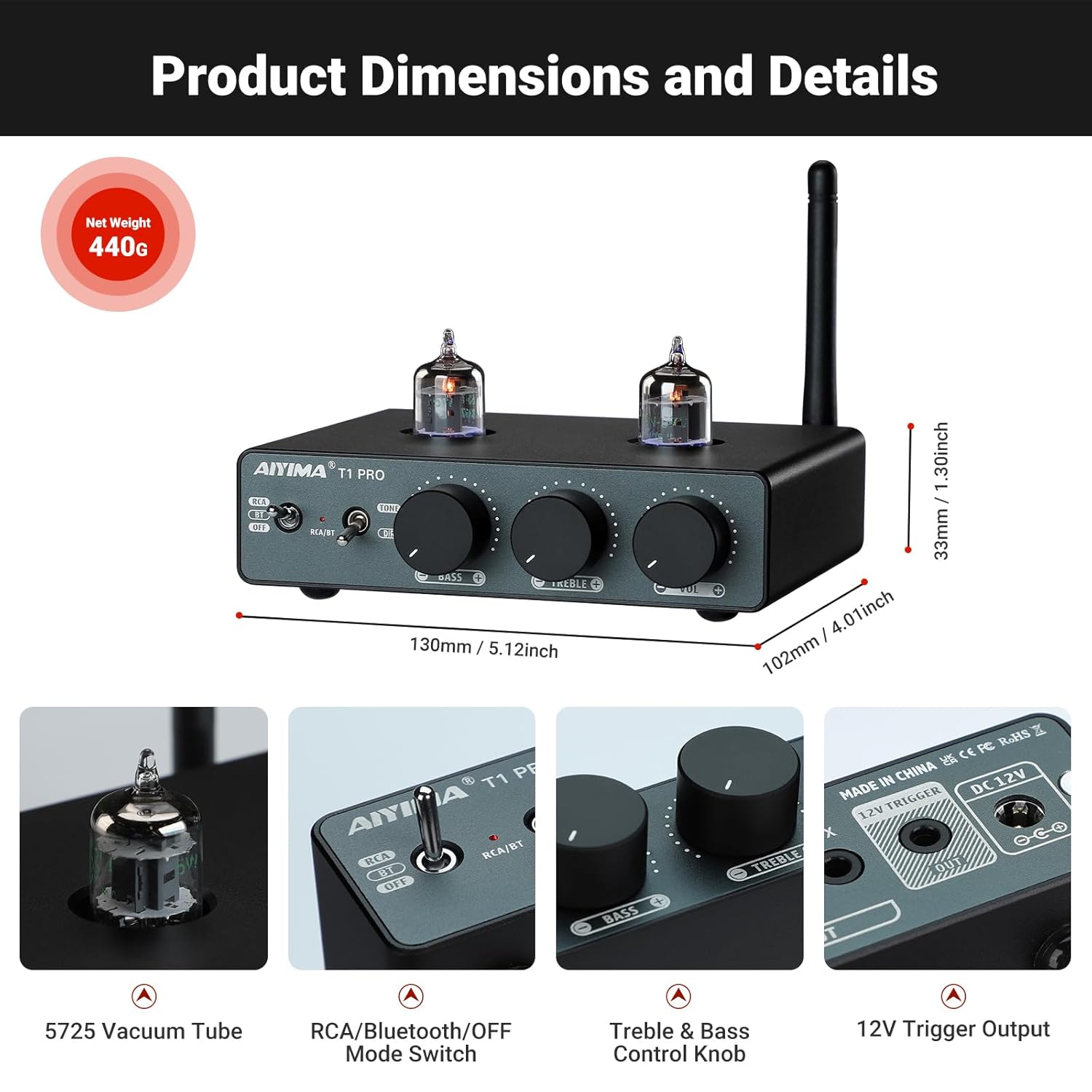 AIYIMA T1 PRO Tube Preamp Vacuum Receiver Home Audio Preamplifier with RCA/Bluetooth & Bass Treble for HiFi Stereo Amplifier&Powered Speakers,with AUX/12V Trigger Signal Output