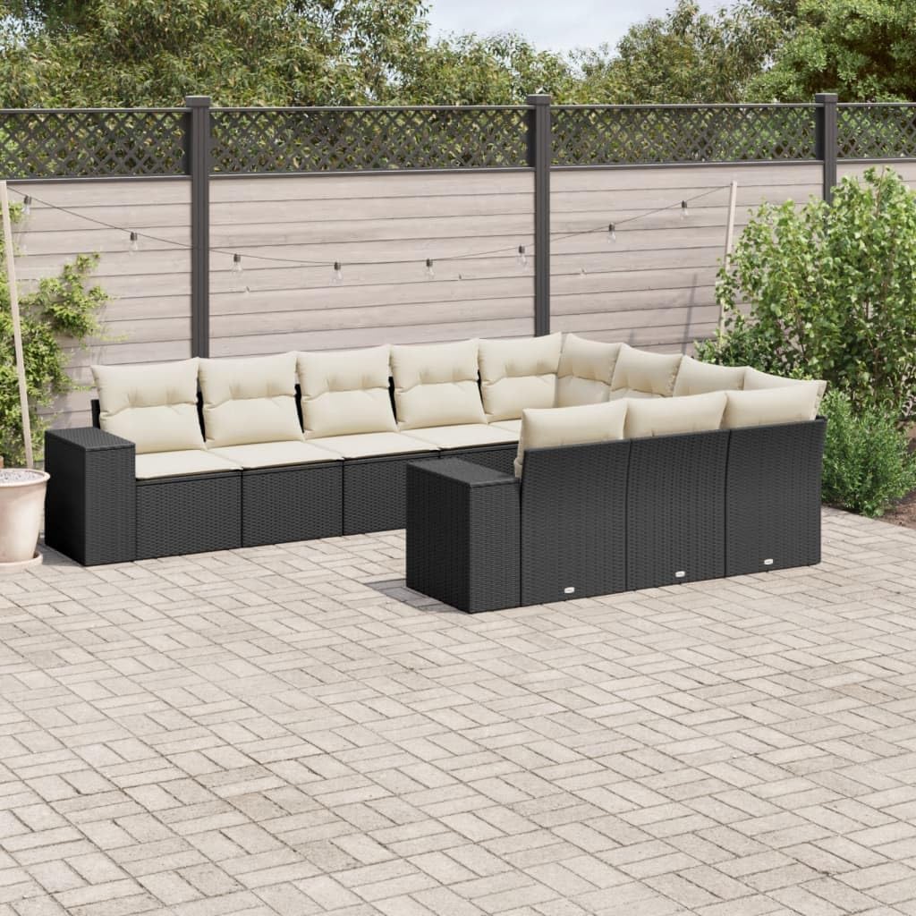10-Piece Outdoor Modular Garden Sofa Set in Black and Cream White, Weather-Resistant Fabric for Flexible Seating and Built-in Storage, Modern Patio Furniture for Spacious