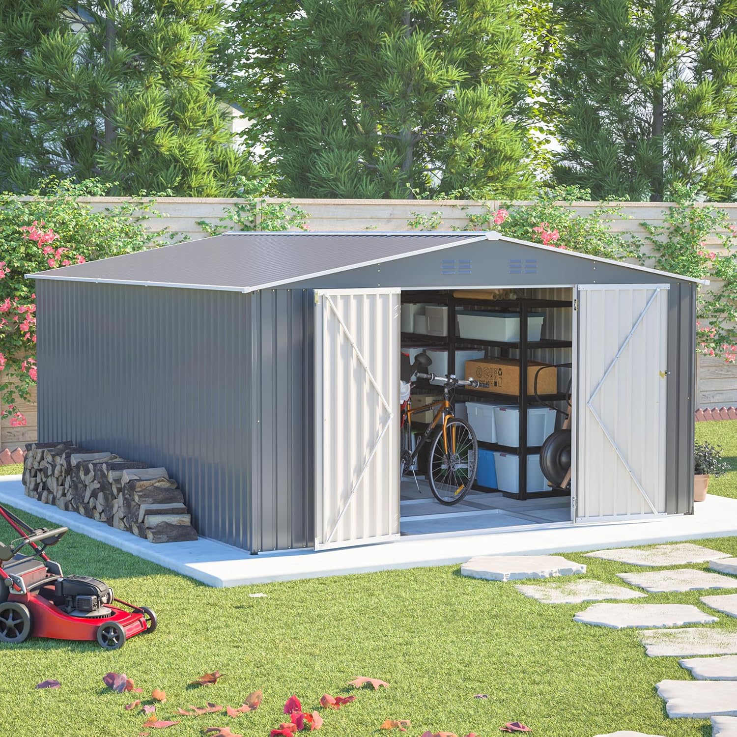 ARMSET 12x14 Shed Outdoor Storage Shed, Large Metal Shed for Heavy Duty Backyard Storage - Waterproof Yard Building with Lockable Double Doors for Garden, Patio & Tools
