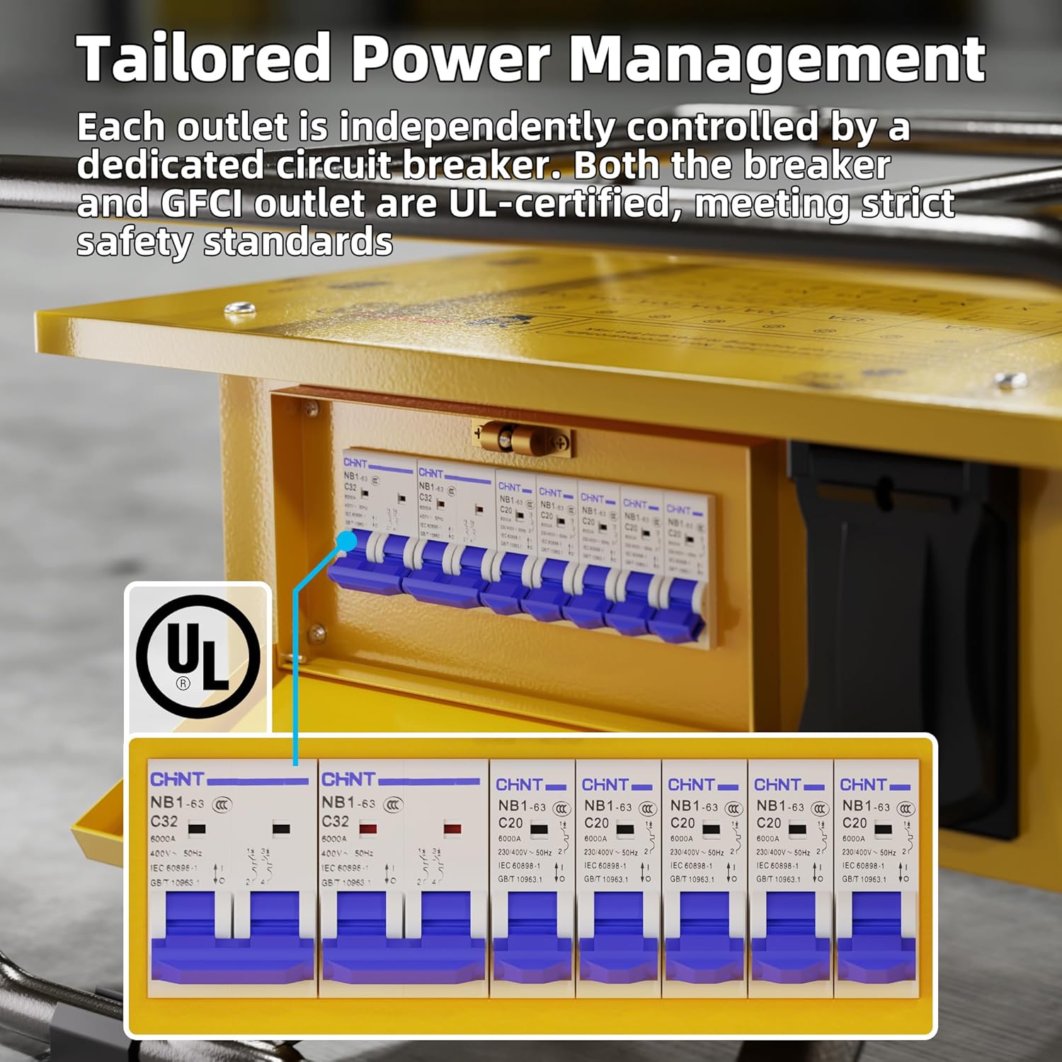 Joinfworld Power Distribution Box,50A 125V/250V NEMA SS2-50 CS6375 Inlet, 30A Circuit Breaker, Individually Controllable Sockets, Heavy - Duty Waterproof Enclosure with Cooling Fan