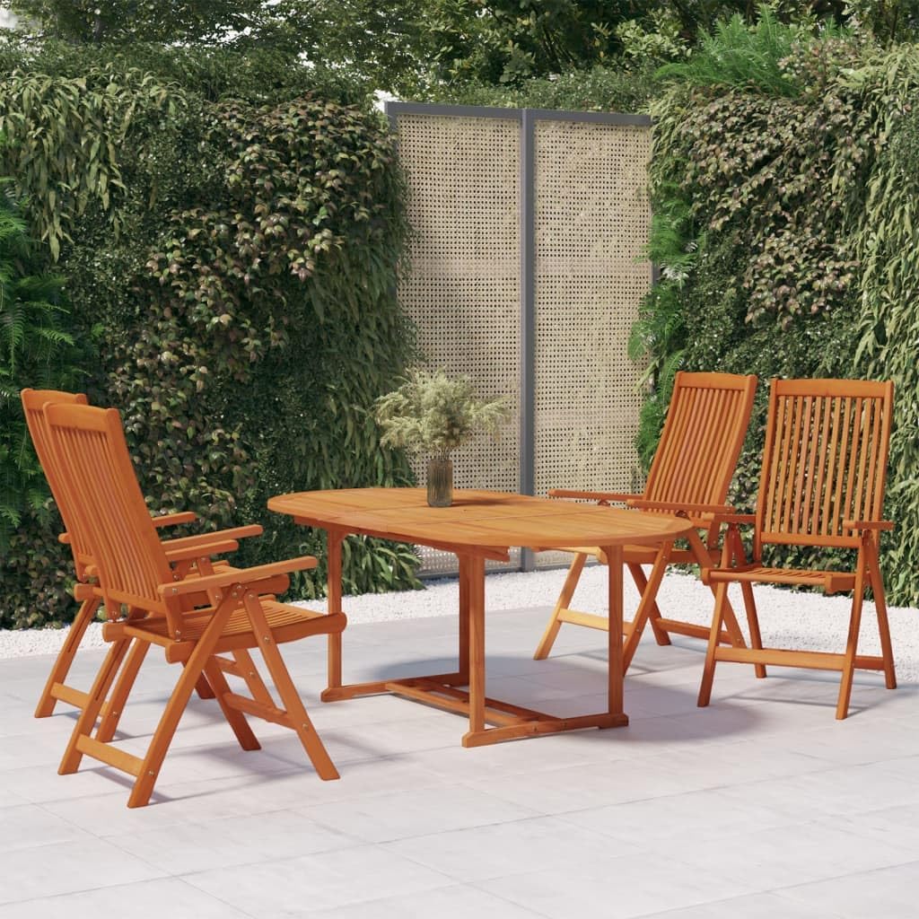 Reddish-Brown Solid Eucalyptus Wood Garden Dining Set, 5-Piece Outdoor Patio Furniture with Extendable Table & 4 Multi-Position Chairs, Weather-Resistant for Terrace