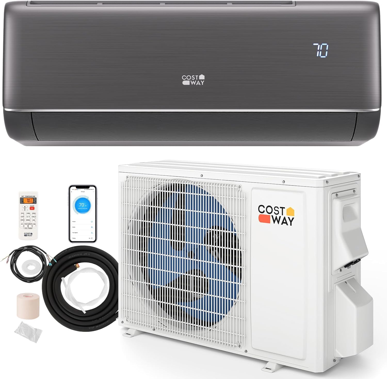 COSTWAY 9100BTU Mini Split Air Conditioner& Heater, 20.5 SEER2 115V Inverter Heater Pump System Cools Up to 450 Sq. Ft, Compatible with Alexa, Installation Kit (9100BTU, 115V, 20.5 SEER2)