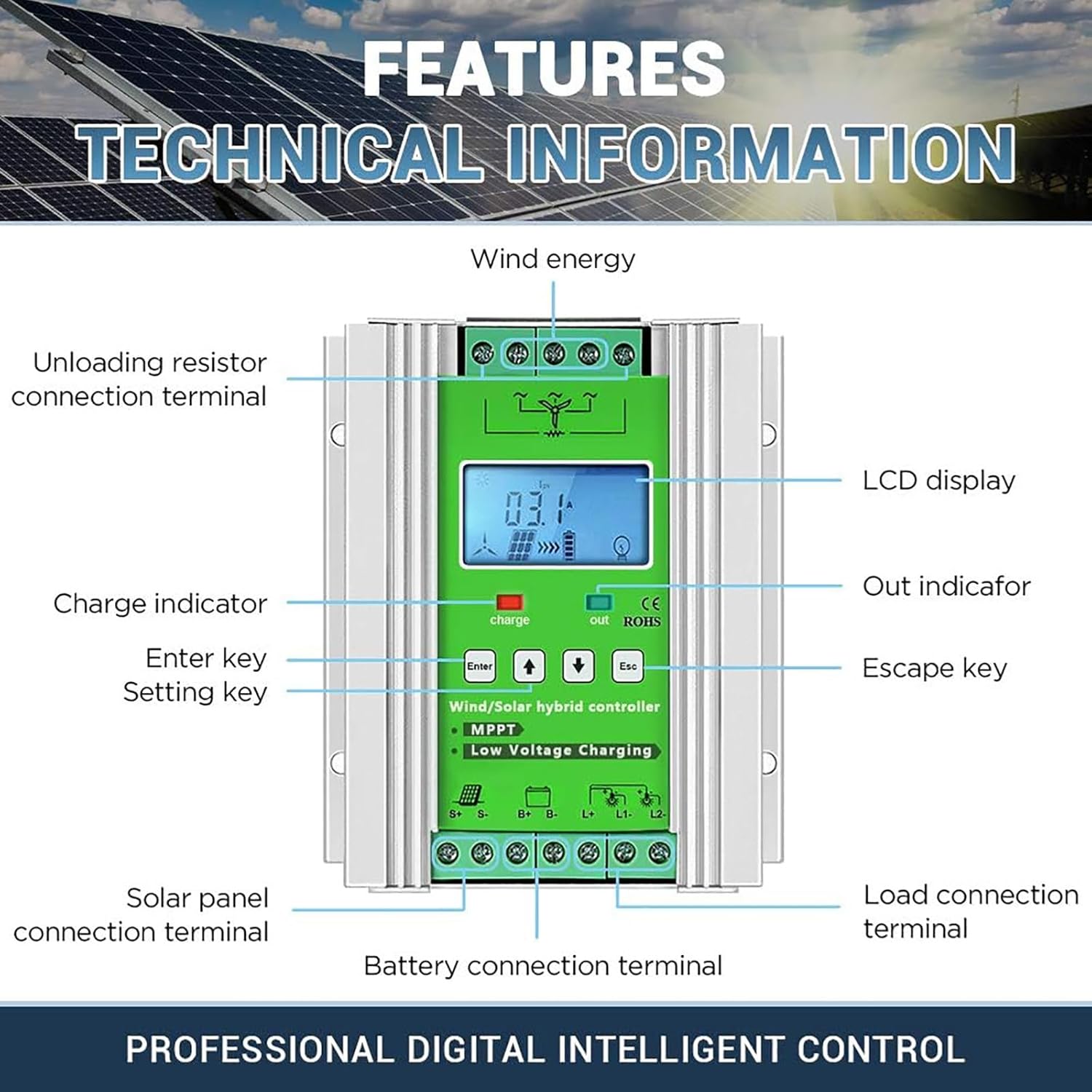 Wind Solar Hybrid Charge Controller, MPPT, 12V 24V 48V, LCD Energy Charge Controller, 6000W Wind 8000W PV Solar, for Wind Turbine, Solar Panel, Wind Solar Supplementary System,24V