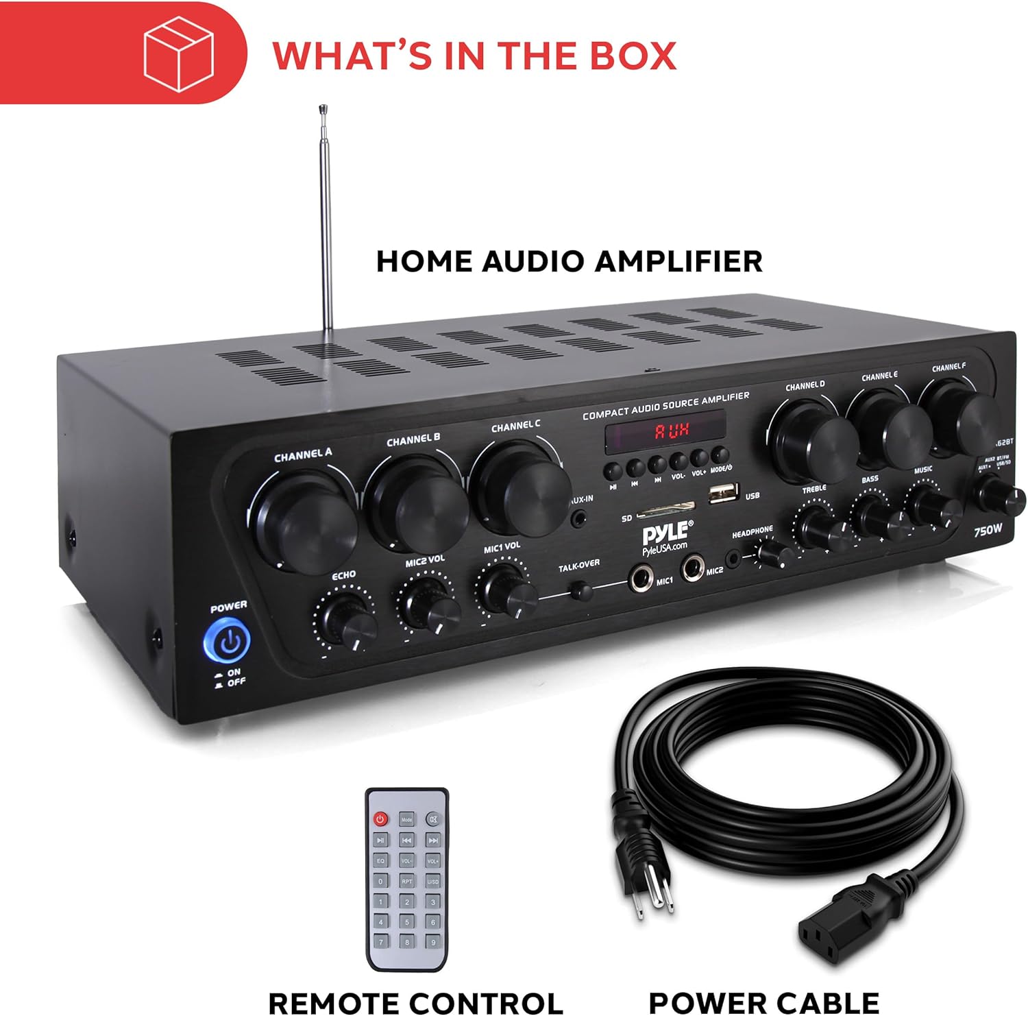 Pyle Wireless Bluetooth Karaoke Amplifier - 6 Channel 750W Power, Stereo Receiver Home Audio Amplifier w/USB,AUX, Subwoofer Out, Headphone, 2 Mic Input w/Echo, Talk-Over For PA