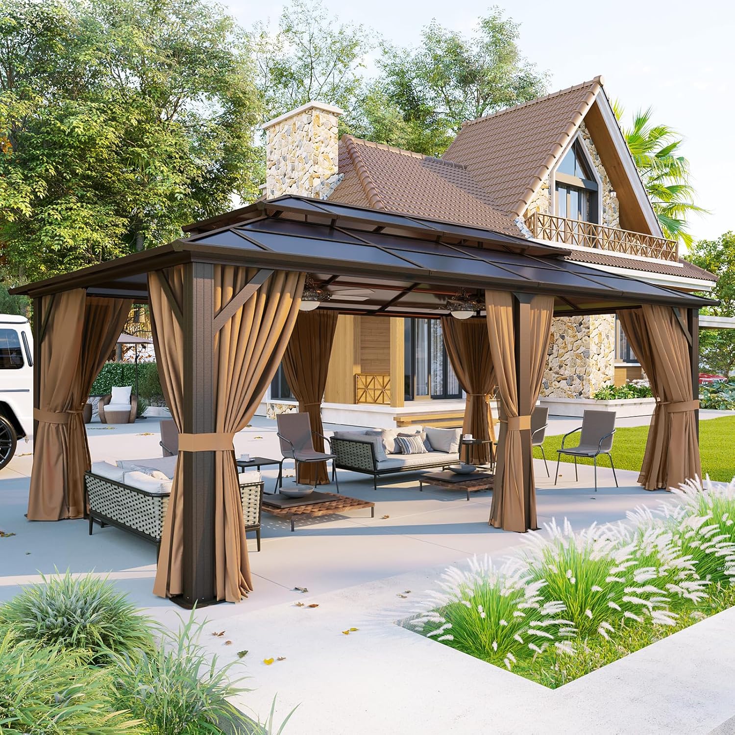 Aoxun 12'x20' Hardtop Gazebo, Aluminum Frame Permanent Pavilion with Curtains and Netting, Outdoor Polycarbonate Double Roof Canopy, Designed for Garden, Lawns, Patio