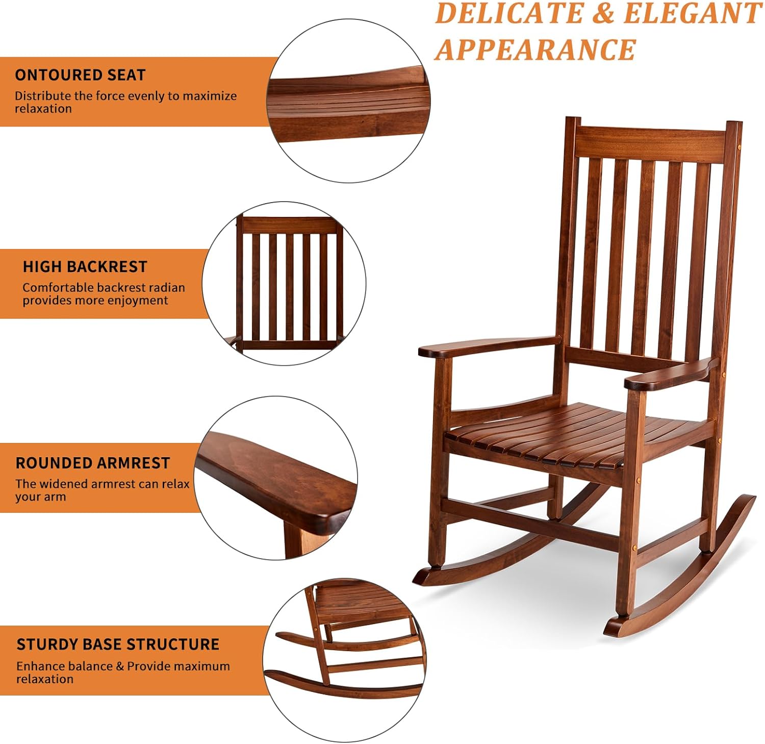 Outvita Outdoor Rocking Chair, Solid Wood High Back Rocker, All Weather Lounge Chair for Porch Patio Fire Pit Garden Backyard Deck Indoor, Natural