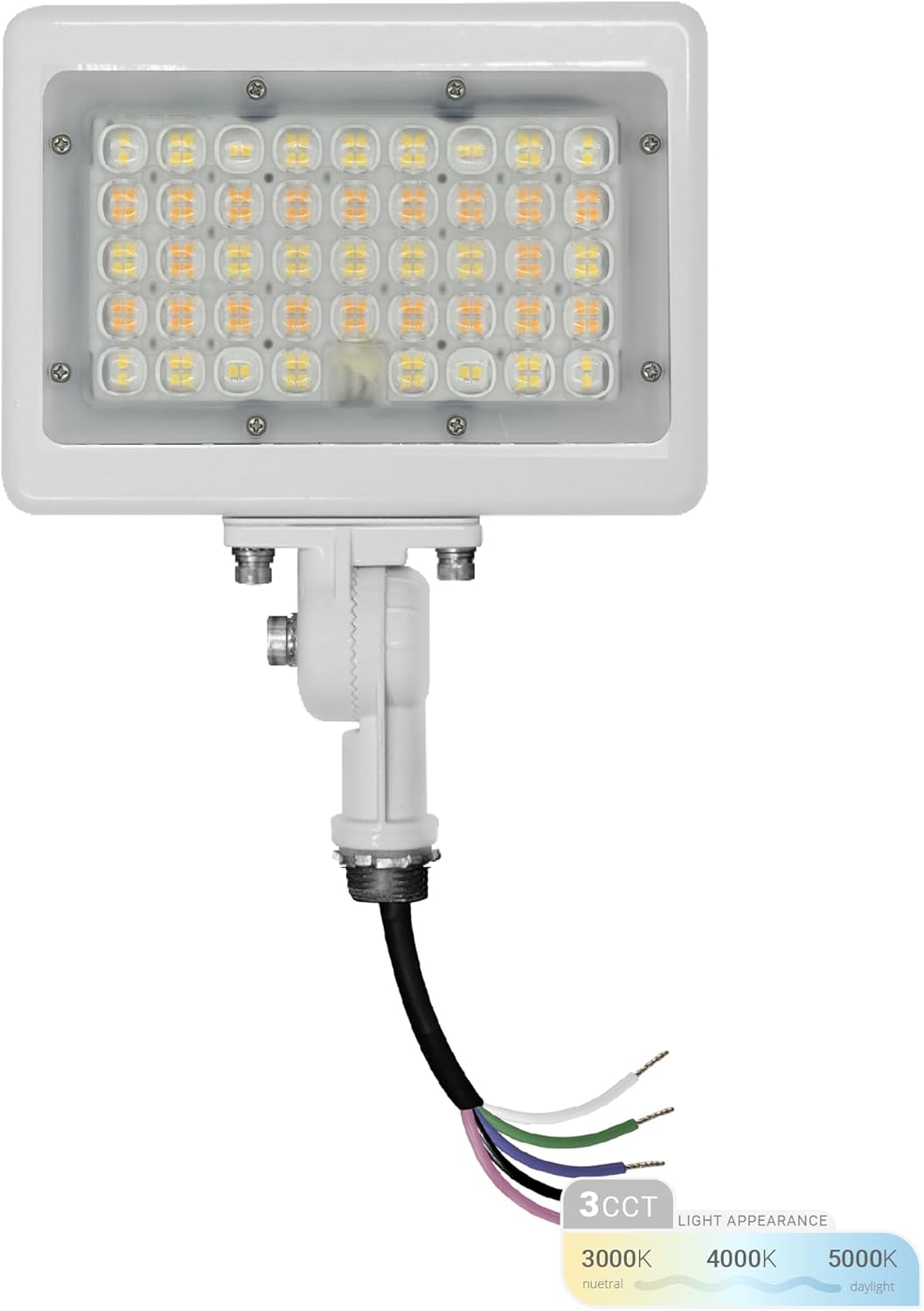 NUWATT 50W LED Flood Light, 3CCT 3000K/4000K/5000K Selectable, IP65 Waterproof Lighting, Adjustable Knuckle Mount, 7050LM, 0-10V Dimmable, 120-277V, Outdoor Security Floodlight for Yard, White, UL