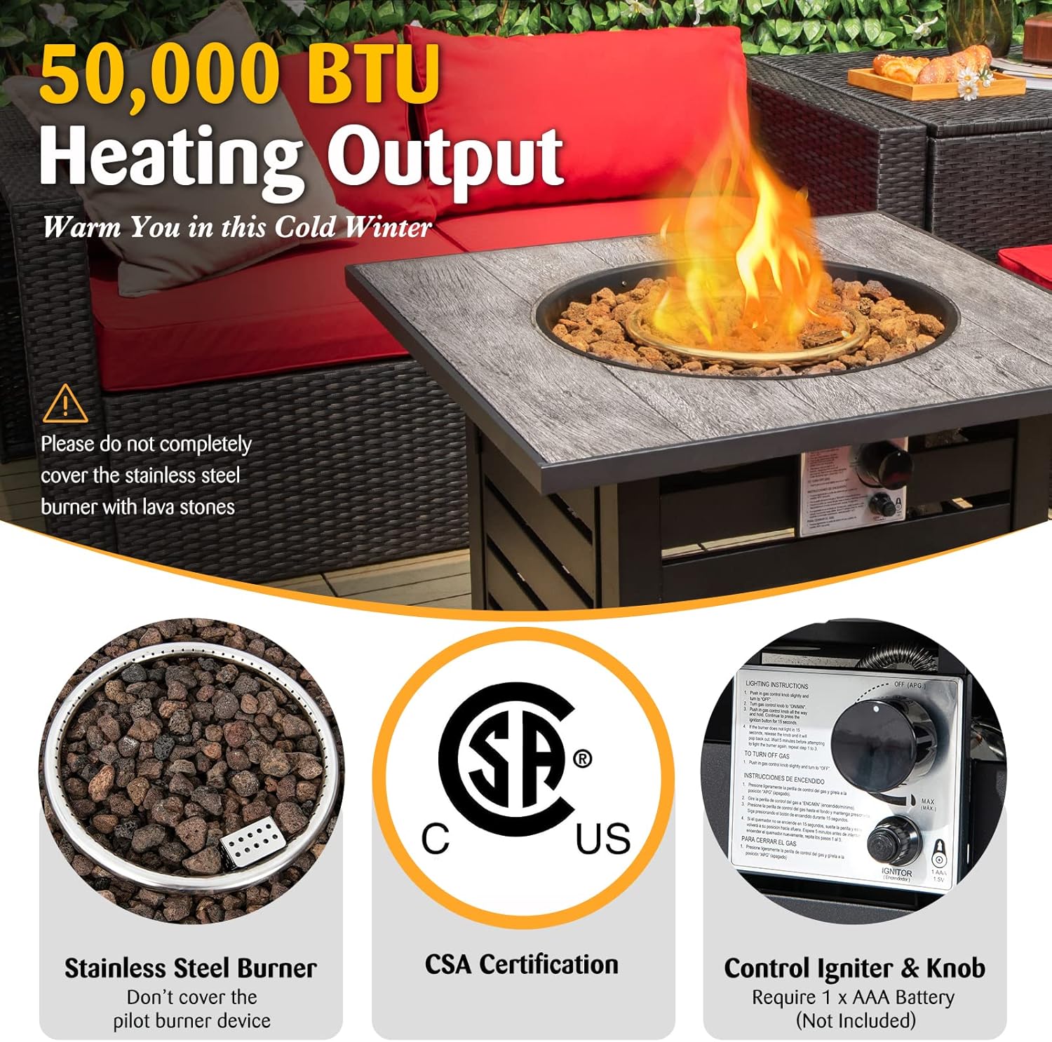 Giantex 32 Inch Propane Fire Pits, 50,000 BTU Square Gas Firepit with High-Temp Resistant Tabletop, Adjustable Flame Lava Rocks and Waterproof Cover, CSA Approved, Outdoor Fire Pit Table (Black)