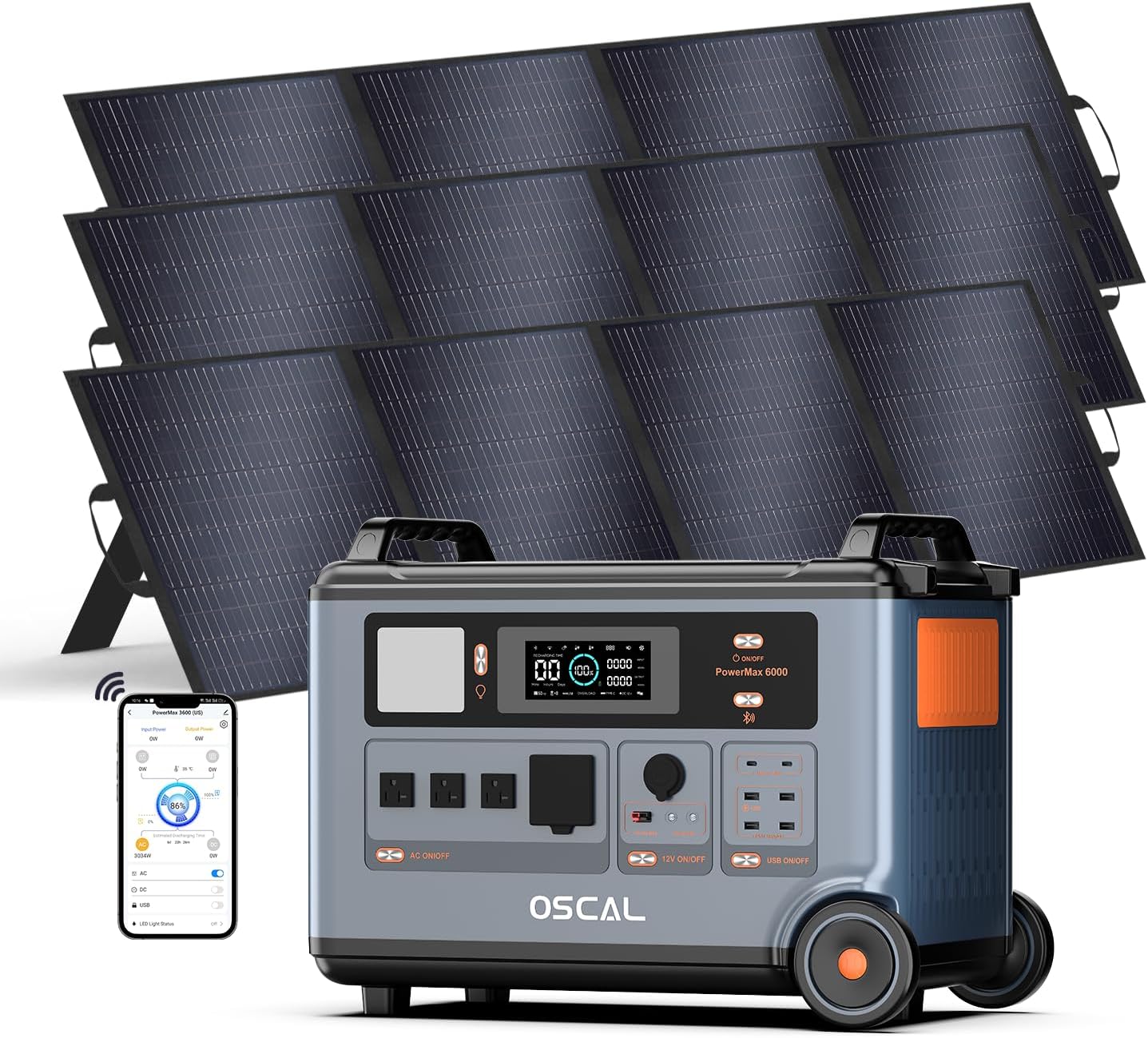 OSCAL PowerMax 6000 Solar Generator with 3×200W, 120V/240V Split Phase Voltage 6000W AC Outlets (9000W Peak), 2200W AC Charging/2400W Solar Charging, Emergency for Home,Battery Backup,10