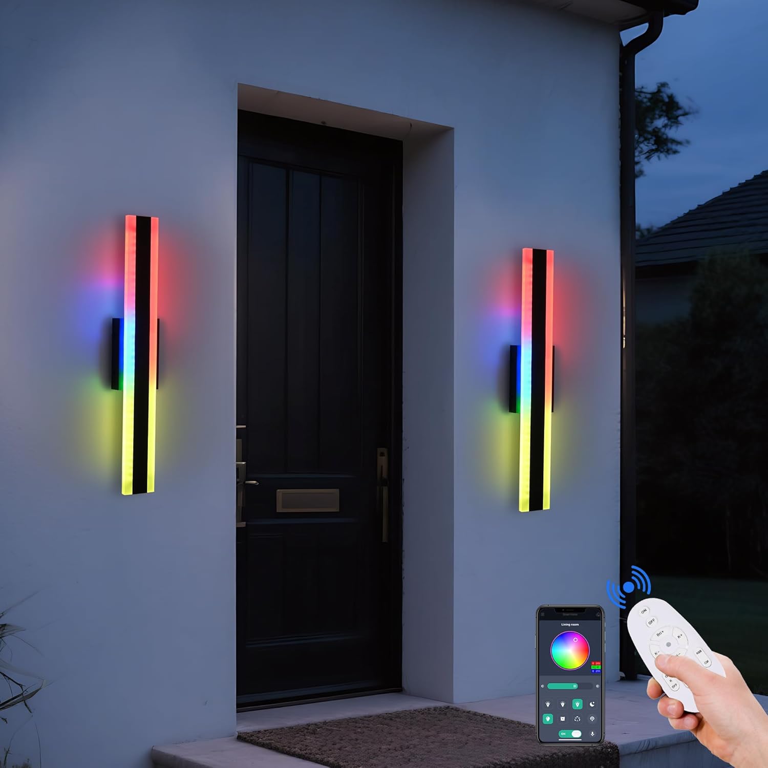 TODOLUZ 2-Pack 24-Inch Outdoor RGB Wall Light Fixture, IP65 Waterproof 16W Dimmable LED Linear Wall Sconce Lighting with Remote Control for Porch Garage Party Gathering