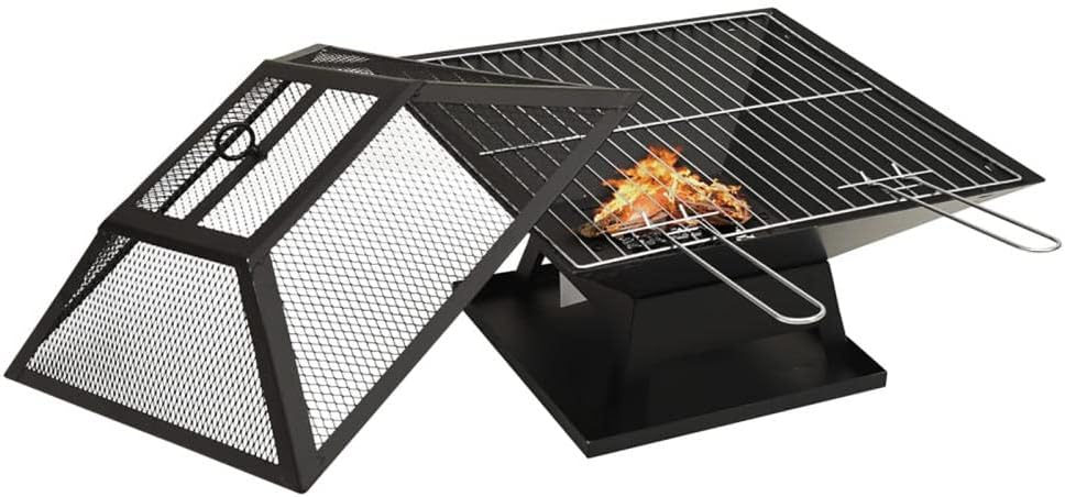 2-in-1 Fire Pit and BBQ,18.3in Wood Burning Firepit, Square Metal Firepit Brazier, Outdoor Stove Bowl with Spark Screen Cover, Cooking Grid and Fire Poker, for Outside Camping Patio Garden-Black