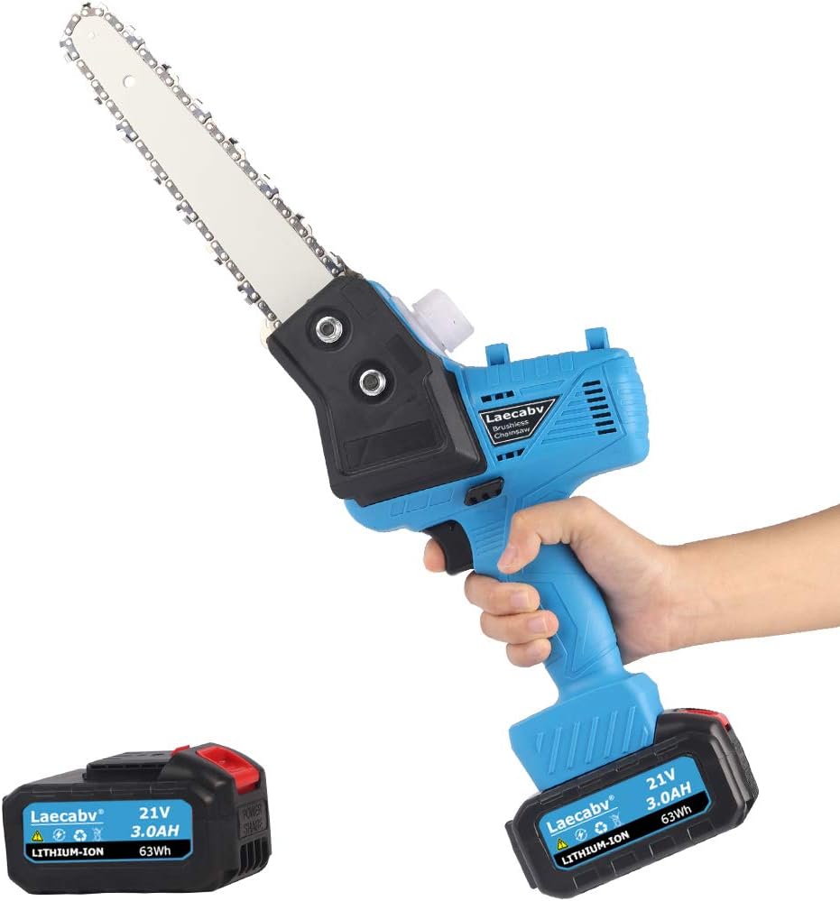 Laecabv 7-Inch Battery Cordless Chainsaw Brushless Motor Electric One-Hand Power Chain Saw with 2 Battery and Charger for Tree Branch Wood Cutting