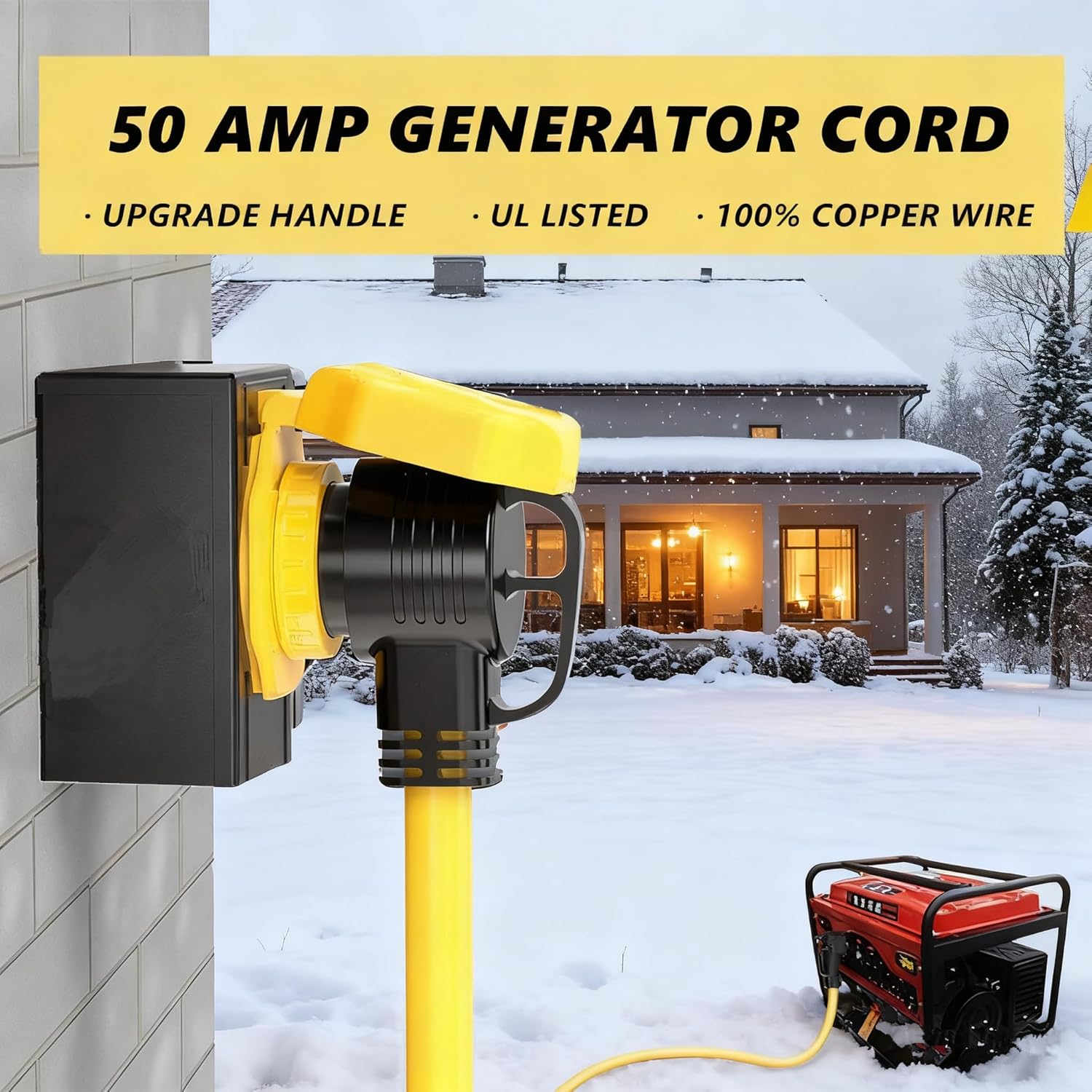 25 Feet 50 Amp RV/Generator Cord, UL Listed, 100% Copper Wire, NEMA 14-50P to SS2-50R Twist Lock, Newly Designed 90°Grip Handle, 6/3+8/1 Gauge STW Wire