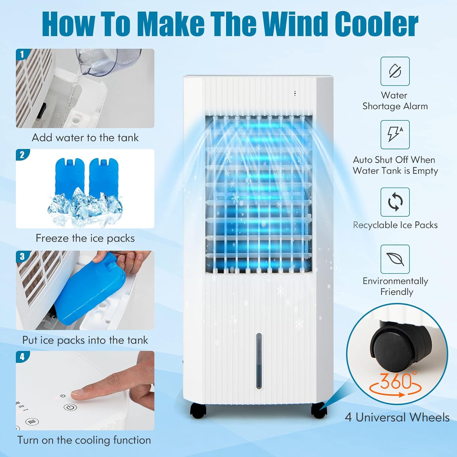 LDAILY 3-In-1 Evaporative Air Cooler w/Humidifier & Fan, Portable Rolling Windowless Swamp Cooler w/Remote Control & 2 Iced Boxes, 60° Oscillation Cooling Fan w/ 15H Timer & 1.3 Gal Water Tank