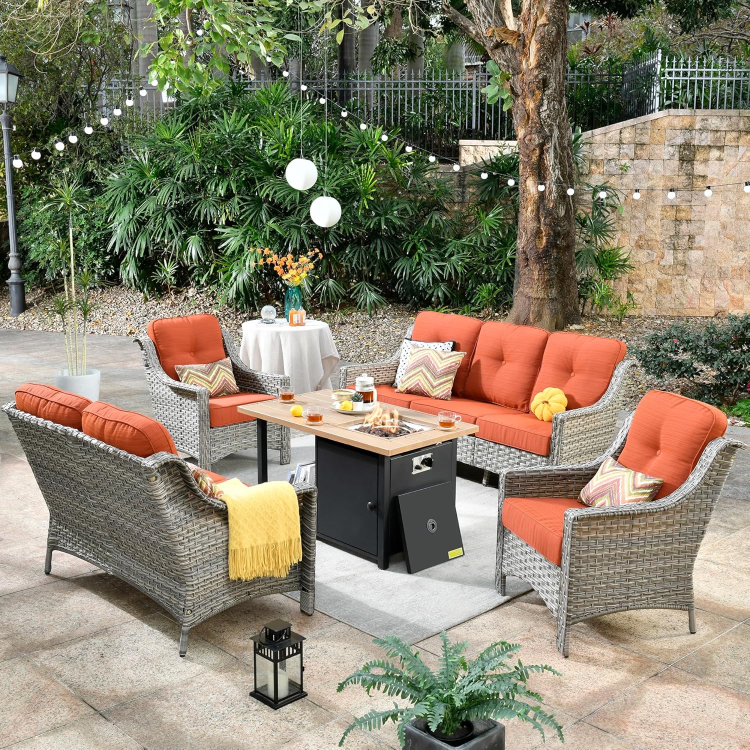 HOOOWOOO 5 Piece Patio Set with Fire Pit Table, Outdoor Wicker Furniture, All Weather Resistant High Back Rattan Outside Furniture (Orange Red)