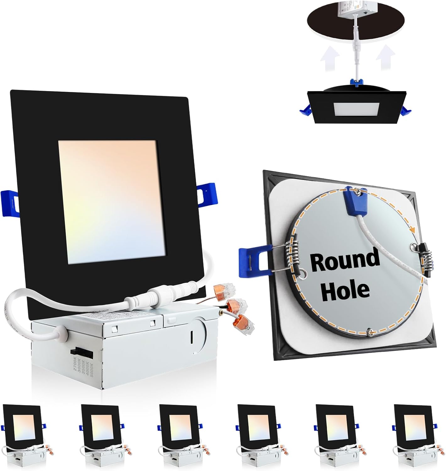 Adetu 6 Pack 6 inch Square Led Recessed Lighting Black,5CCT Ultra Thin Square Led Ceiling Light with Junction Box, 2700K/3000K/3500K/4000K/5000K Selectable,Dimmable,ETL and Energy Star Certified