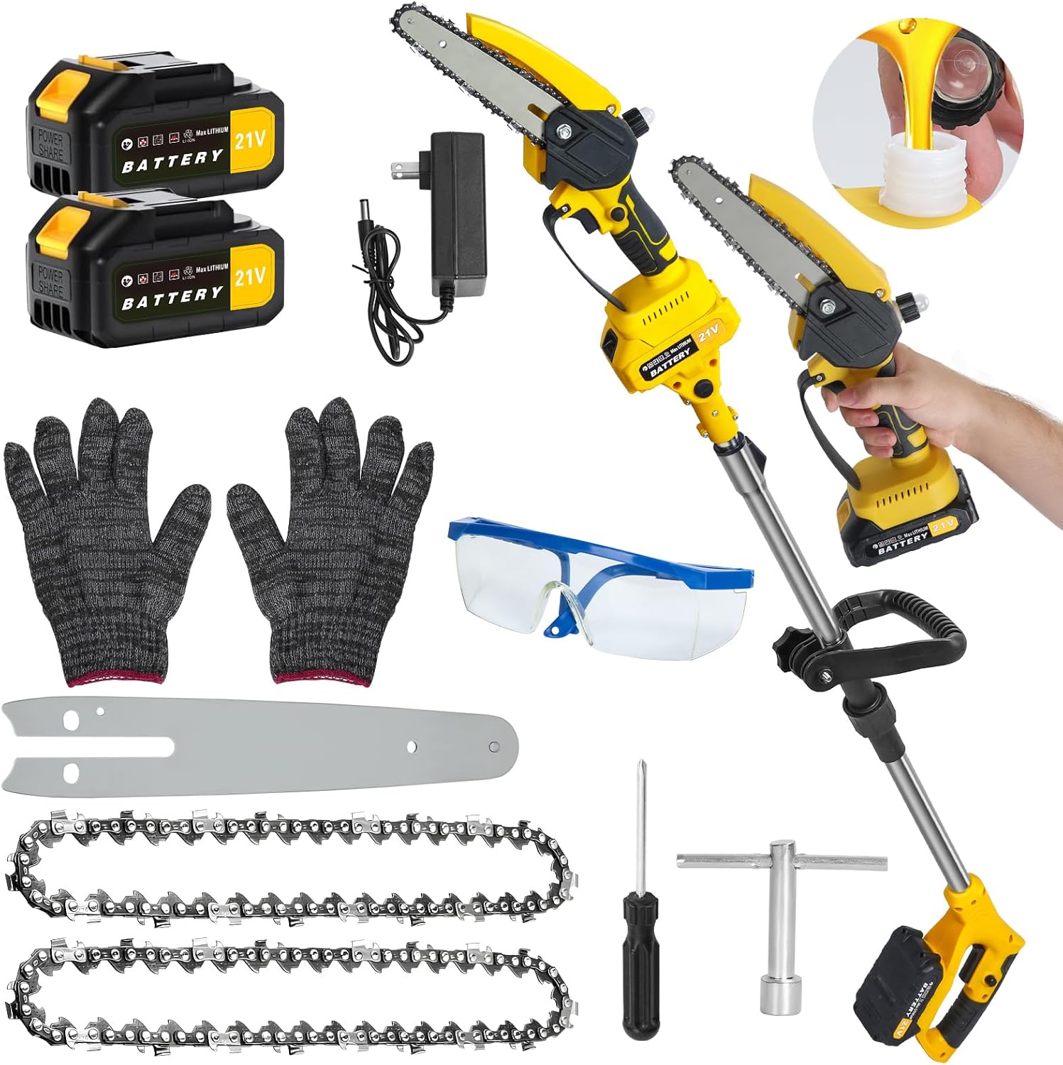 2-in-1 Cordless Pole Saw & Mini Chainsaw, 21V 1.5Ah Battery Powered 6 Inch Pole Saws for Tree Trimming, Electric Chain Saw with Extension Pole for Branch Pruning, 5.9Ft Max Reach