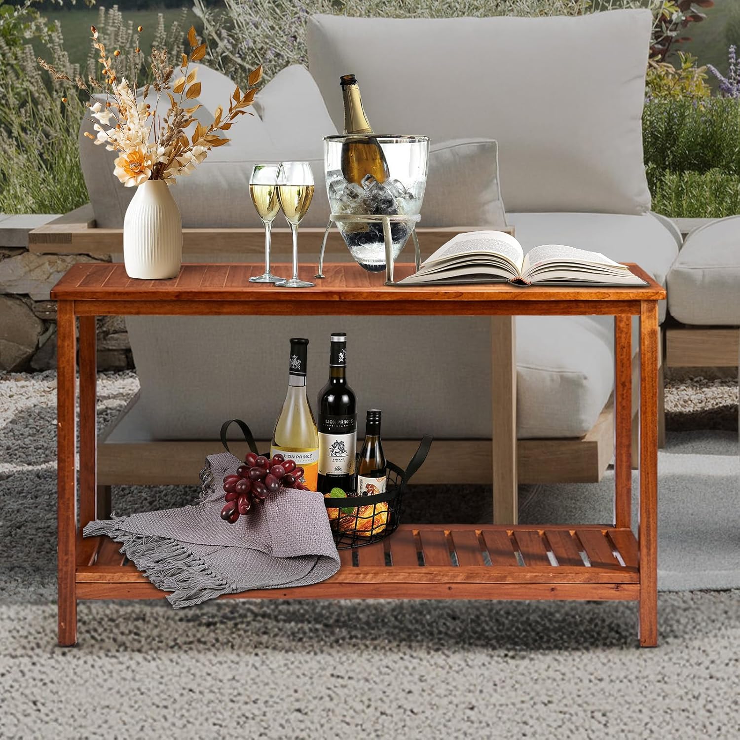 VINGLI 49in Solid Wood Outdoor Console Table, 2-Shelf Wooden Outdoor Accent Plant Table Multifunctional Buffet Bar Storage Organizer for Indoor Patio Porch and Entryway (Natural)