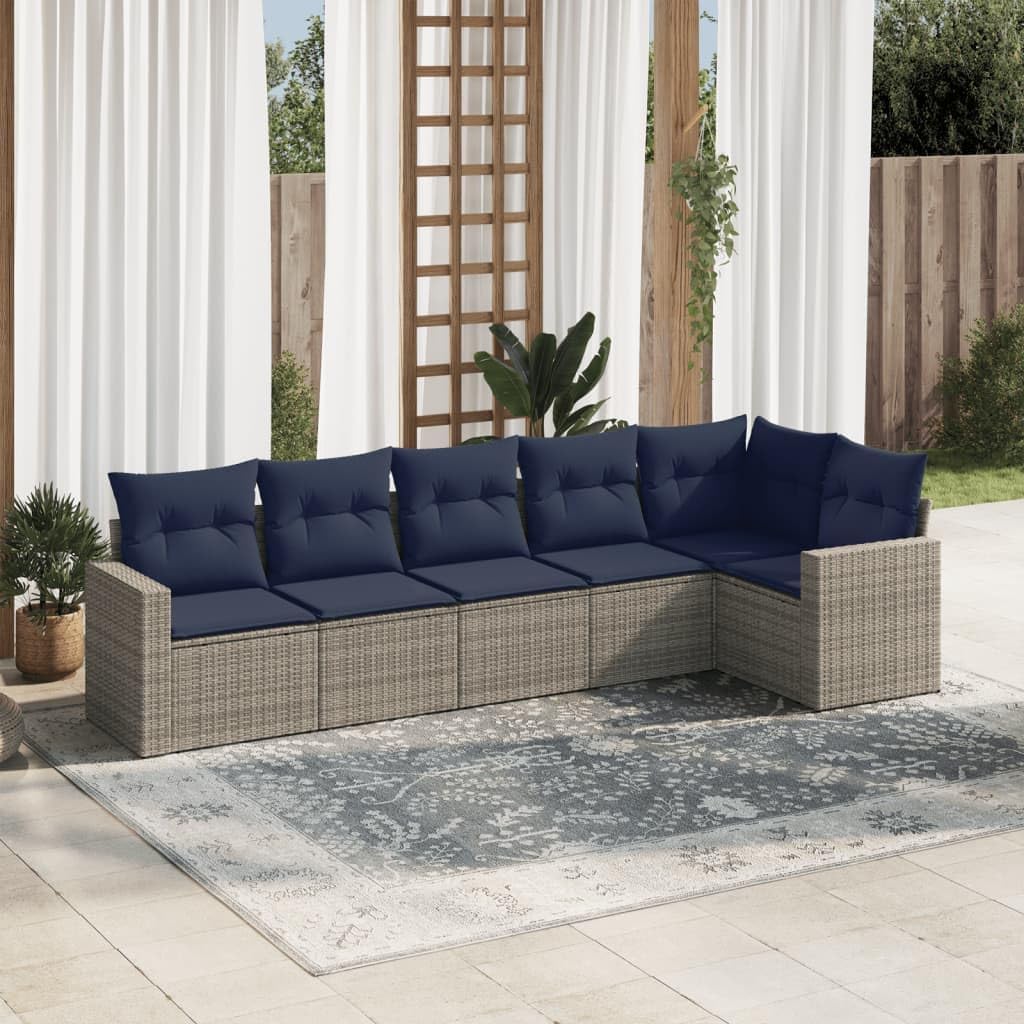 6 Piece Patio Sofa Set with Cushions, Gray Poly Rattan Outdoor Furniture, Modular Design for Backyard Terrace, UV-Proof Balcony Furniture