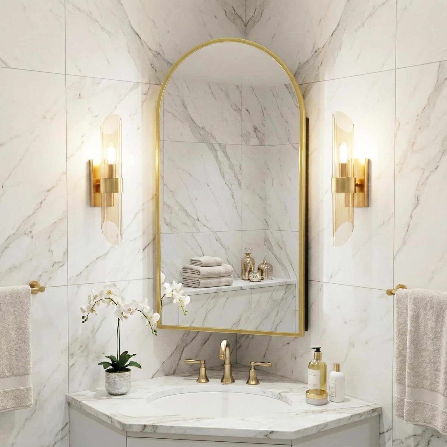 LED Corner Medicine Cabinet with Mirror, One-Touch Defogger, Arched Wall Mount Corner Bathroom Mirrored Cabinets 15.7