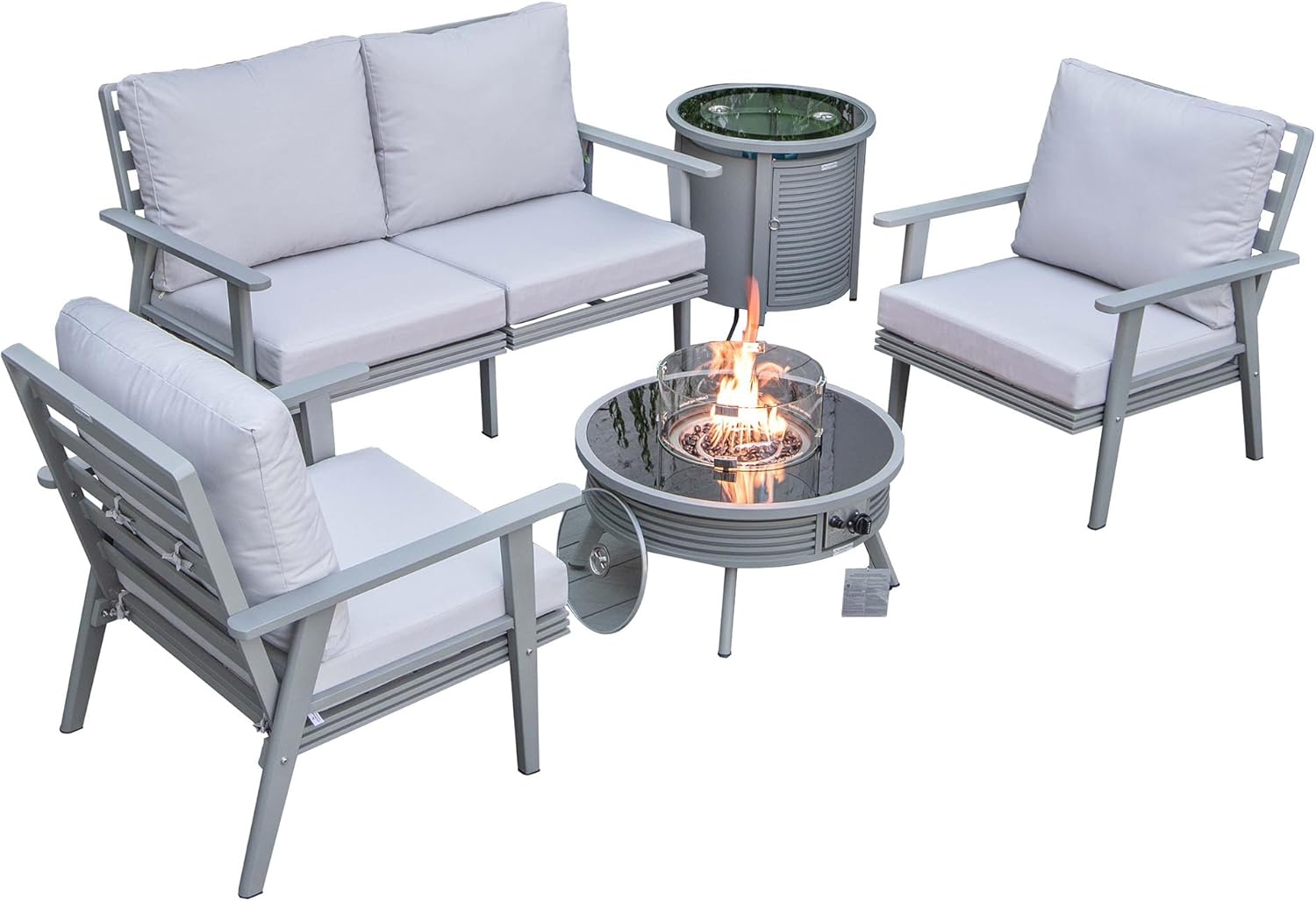 LeisureMod Walbrooke Modern Aluminum 5-Piece Patio Conversation Set with Outdoor Round Fire Pit Slats Design & Side Table Tank Holder, Light Grey