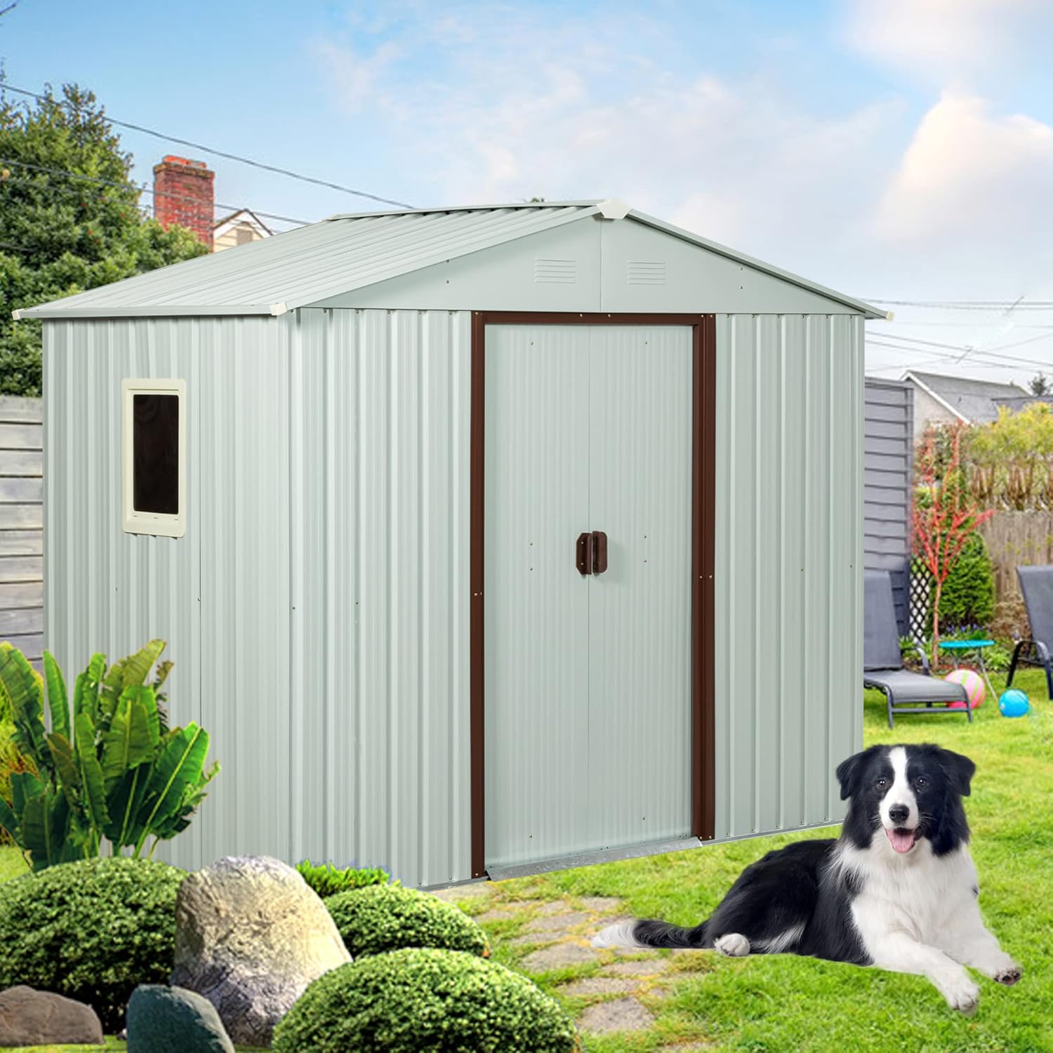 6 x 5 FT Outdoor Storage Shed, Metal Garden Shed with Floor Frame, Tool Shed Outdoor Storage with Lockable Sliding Doors & Window & Air Vents, Storage House Waterproof for Backyard, Lawn, White