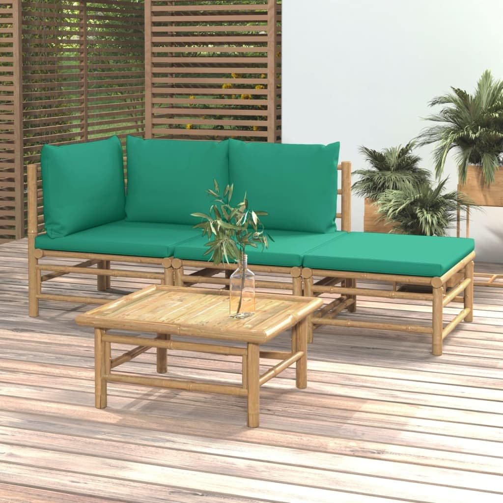 Furniture Sets 4 Piece Patio Lounge Set with Green Cushions Bamboo,Premium Bamboo Patio Lounge Set: Modular, Comfortable, and Durable Garden Conversation Sets