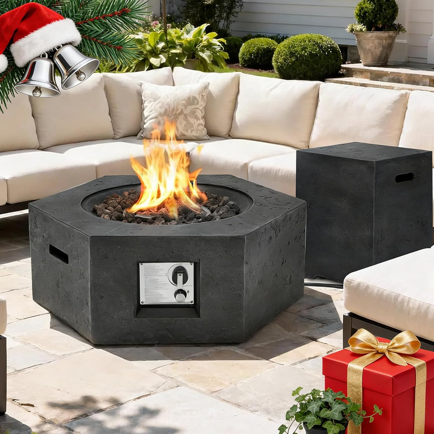 ECOTOUGE 2-Piece Propane Fire Pit, Outdoor Gas Fire Pit Table w/Tank Cover, 30''Auto-Ignition Steel Fire Table, 50,000 BTU Hexagon Concrete Fire Pit w/Weather-Resistant Pit Cover, Lava Rocks, Black