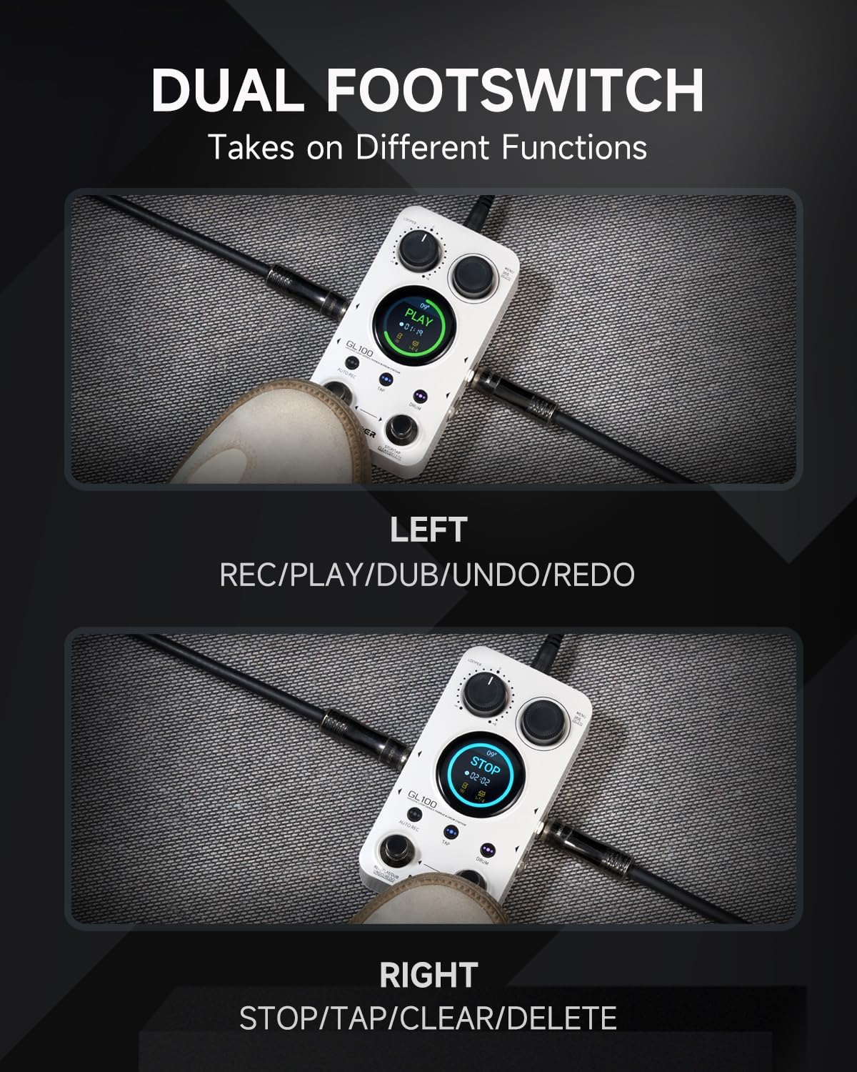 MOOER GL100 Looper Pedal Drum Machine, 2 in 1 Drum Looper Guitar Pedal 1.3-inch Touchsreen 100 Slots with 300 Minutes in Total Auto-record Time Stretch Function Dedicated Editor Software