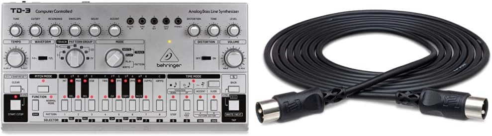 Behringer TD-3-SR Analog Bass Line Synthesizer - Silver and Hosa MID-315BK 5-Pin DIN to 5-Pin DIN MIDI Cable, 15 Feet Bundle