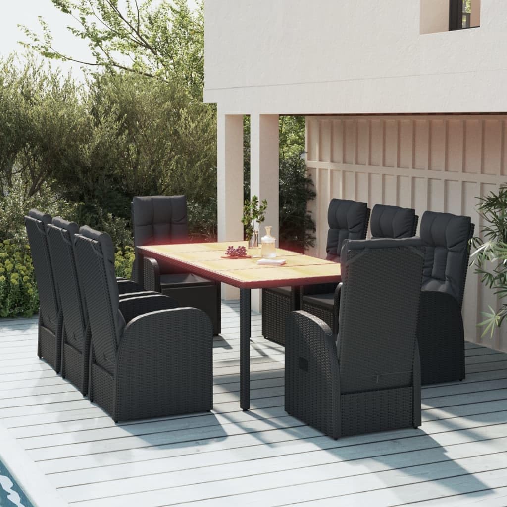 9-Piece Black PE Rattan Garden Dining Set, Rectangular Outdoor Table with Adjustable Footrests, Patio Furniture for Balcony, Terrace, 8-9 Person Seating